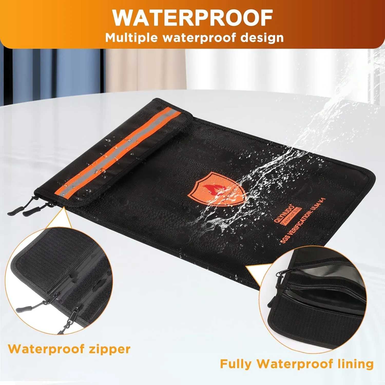 Fireproof Document Bag - Waterproof Fireproof Money Bag with Zipper for Cash/Important Documents/Valuables (Seal Protection), 15x11" (A4 Size), Fire Safe Envelope Bag with Reflective Strip