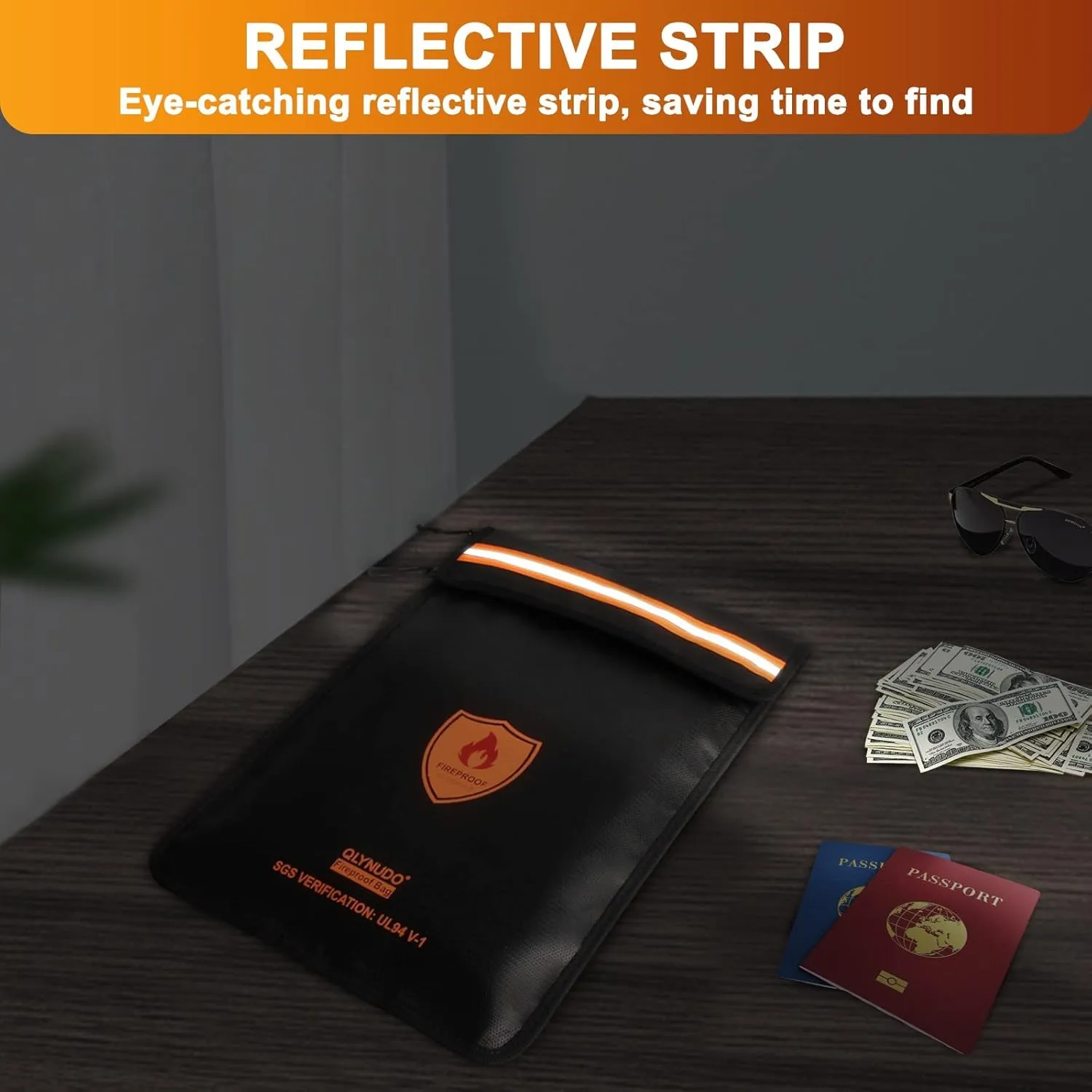 Fireproof Document Bag - Waterproof Fireproof Money Bag with Zipper for Cash/Important Documents/Valuables (Seal Protection), 15x11" (A4 Size), Fire Safe Envelope Bag with Reflective Strip
