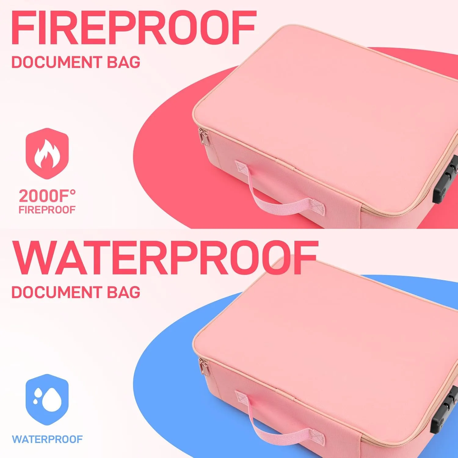 Fireproof Document Bag with Lock, Important Document Organizer Home Office Travel Safe Bag, 3 Layer Portable Filing Storage for Waterproof File Passport Certificates Legal Documents Pink