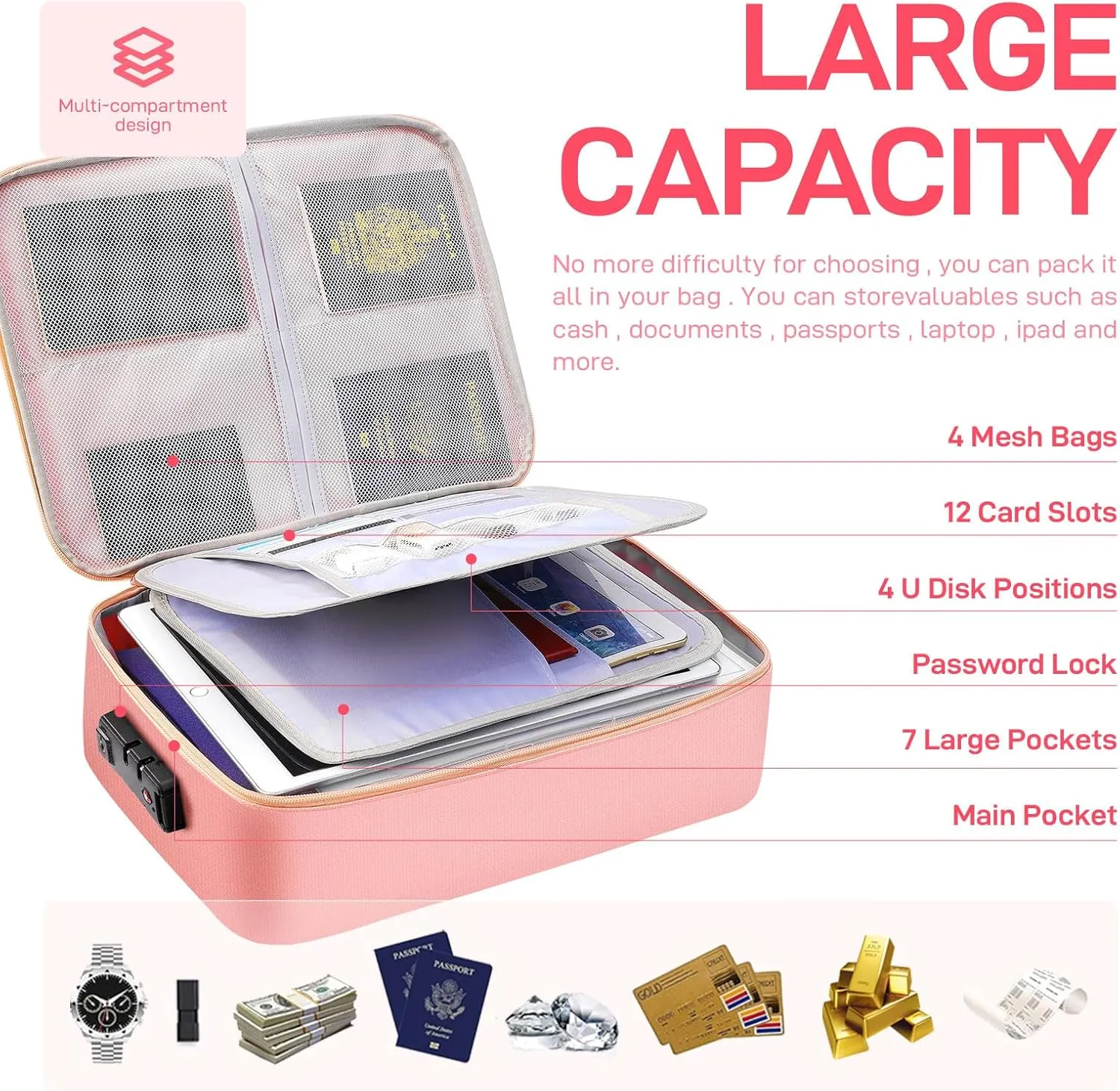 Fireproof Document Bag with Lock, Important Document Organizer Home Office Travel Safe Bag, 3 Layer Portable Filing Storage for Waterproof File Passport Certificates Legal Documents Pink