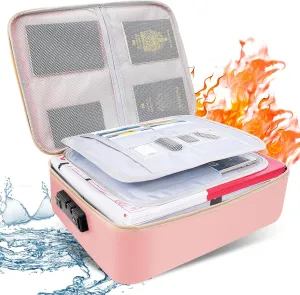 Fireproof Document Bag with Lock, Important Document Organizer Home Office Travel Safe Bag, 3 Layer Portable Filing Storage for Waterproof File Passport Certificates Legal Documents Pink