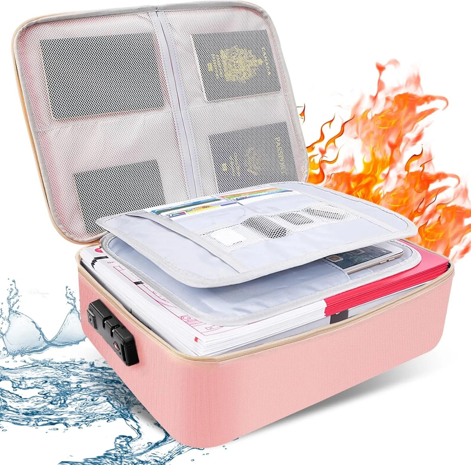 Fireproof Document Bag with Lock, Important Document Organizer Home Office Travel Safe Bag, 3 Layer Portable Filing Storage for Waterproof File Passport Certificates Legal Documents Pink