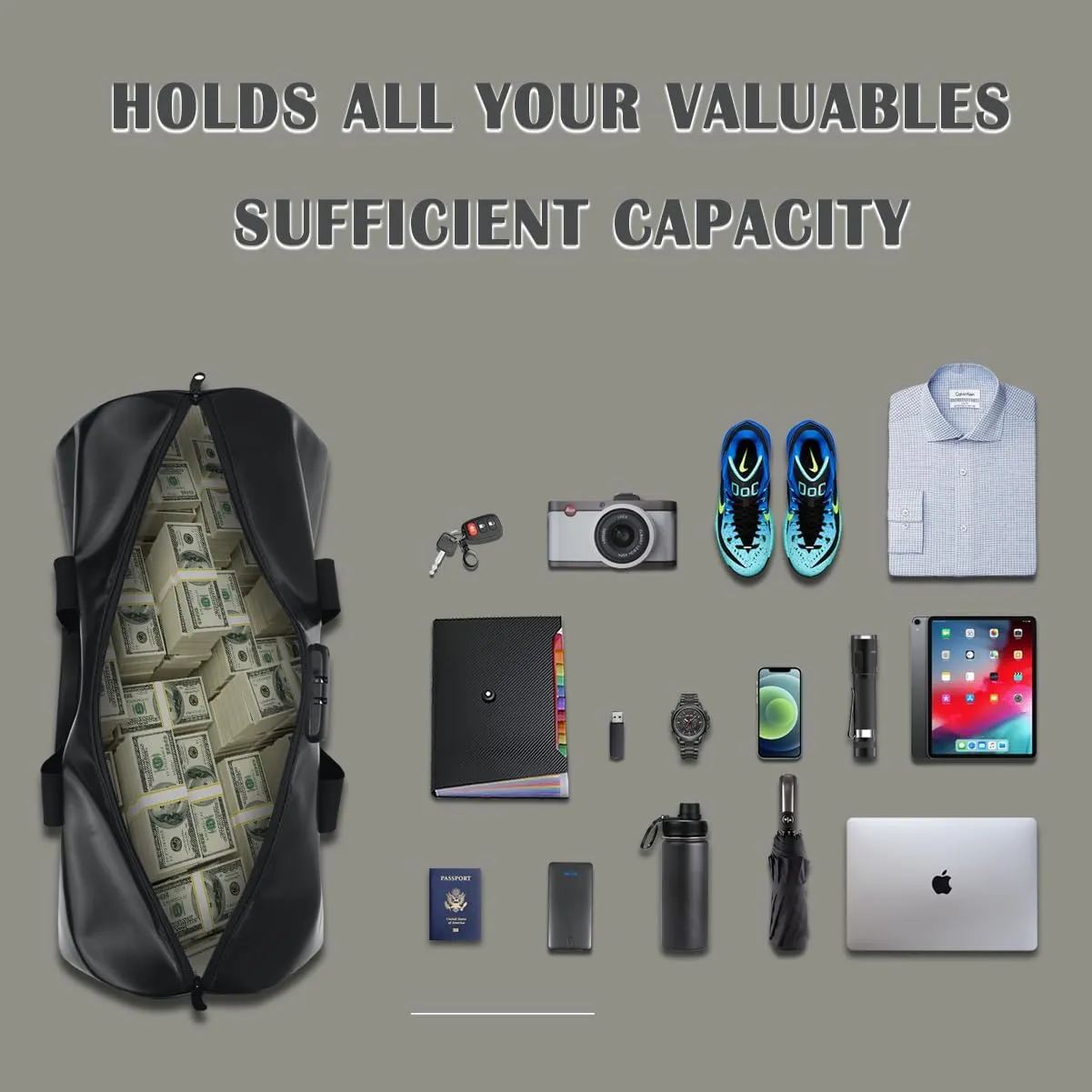 Fireproof Waterproof Duffel Bag,Fire And Waterproof Document Storage，Security code lock multiple protection，perfect travel companion.
