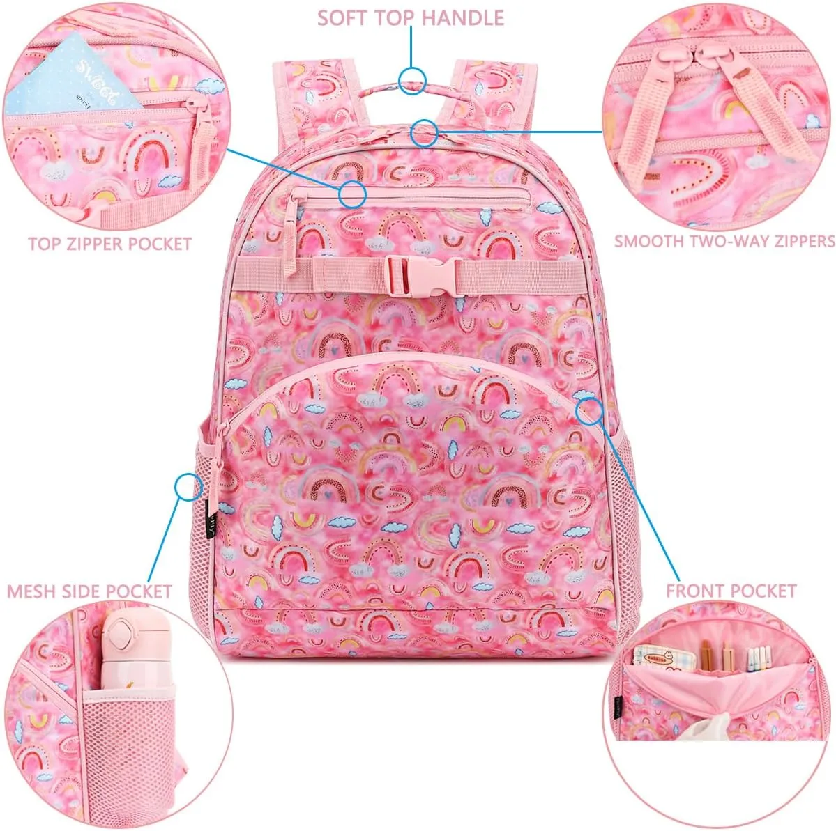 FlowFly Kids Backpack for Toddler Boys Girls, Simple Lightweight Bookbag for Daycare Kindergarten Elementary School Travel, Small Modern Bag (Large),Rainbow