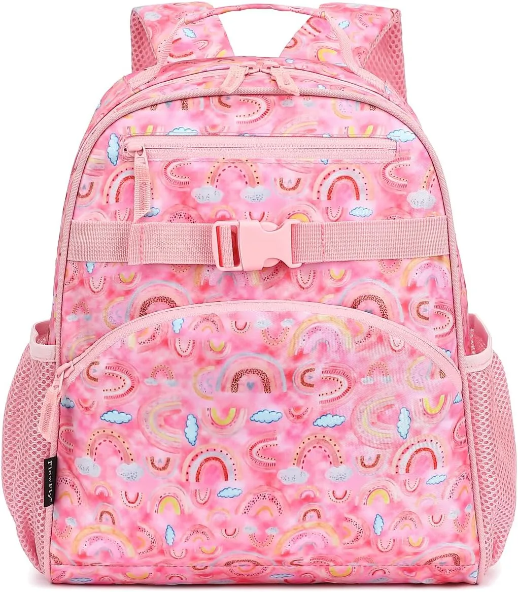 FlowFly Kids Backpack for Toddler Boys Girls, Simple Lightweight Bookbag for Daycare Kindergarten Elementary School Travel, Small Modern Bag (Medium 15''),Rainbow