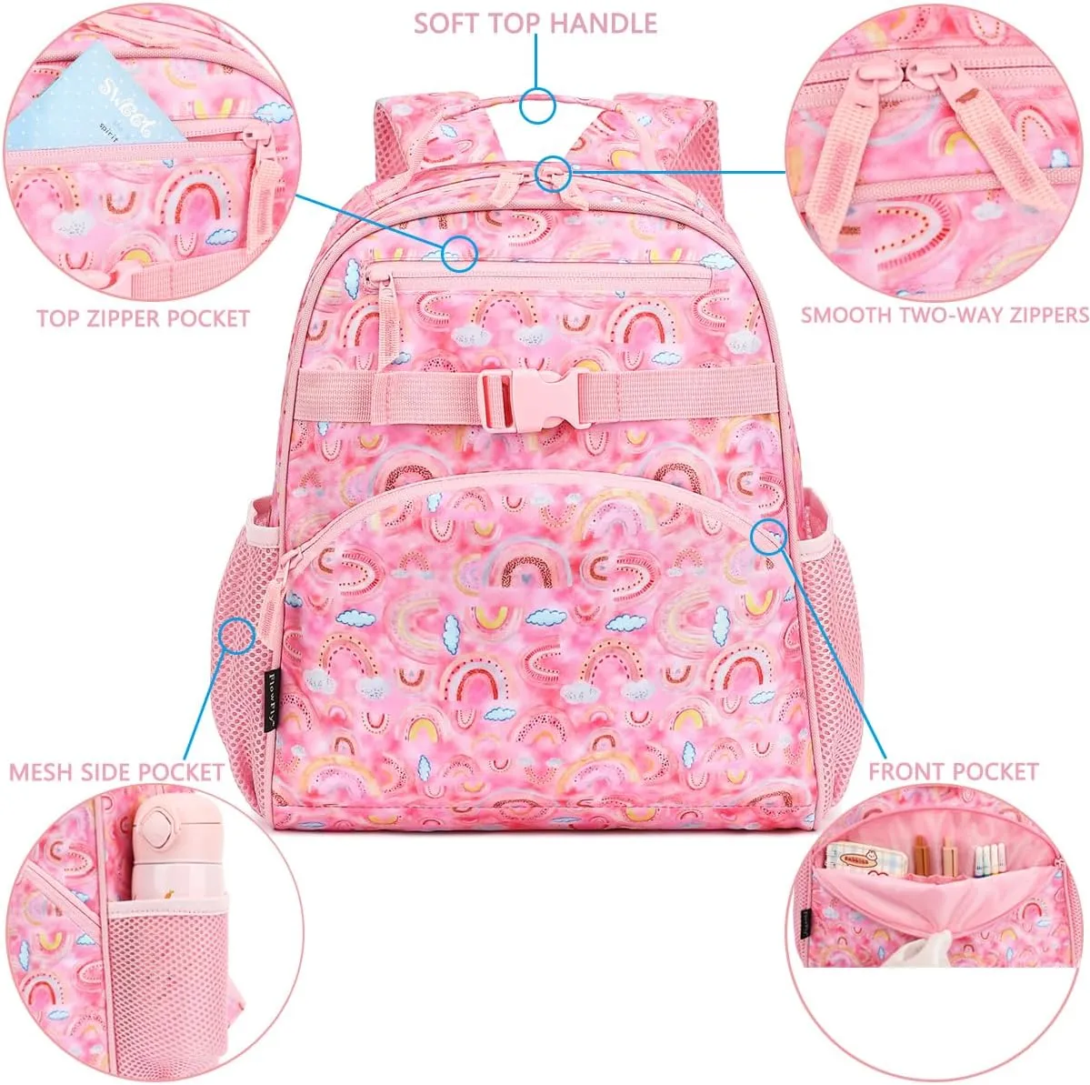 FlowFly Kids Backpack for Toddler Boys Girls, Simple Lightweight Bookbag for Daycare Kindergarten Elementary School Travel, Small Modern Bag (Medium 15''),Rainbow