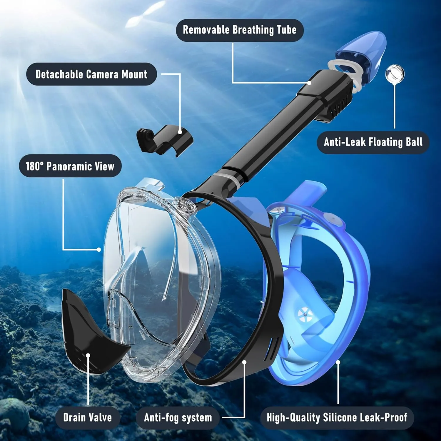 Full Face Snorkel Mask, Snorkeling Gear with Detachable Camera Mount,Panoramic 180° View, Anti-Fog Anti-Leak Snorkling Set for Man and Women