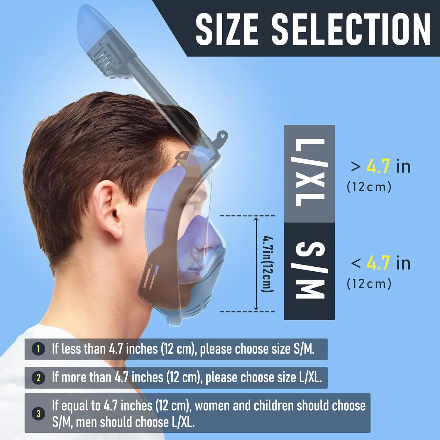 Full Face Snorkel Mask, Snorkeling Gear with Detachable Camera Mount,Panoramic 180° View, Anti-Fog Anti-Leak Snorkling Set for Man and Women