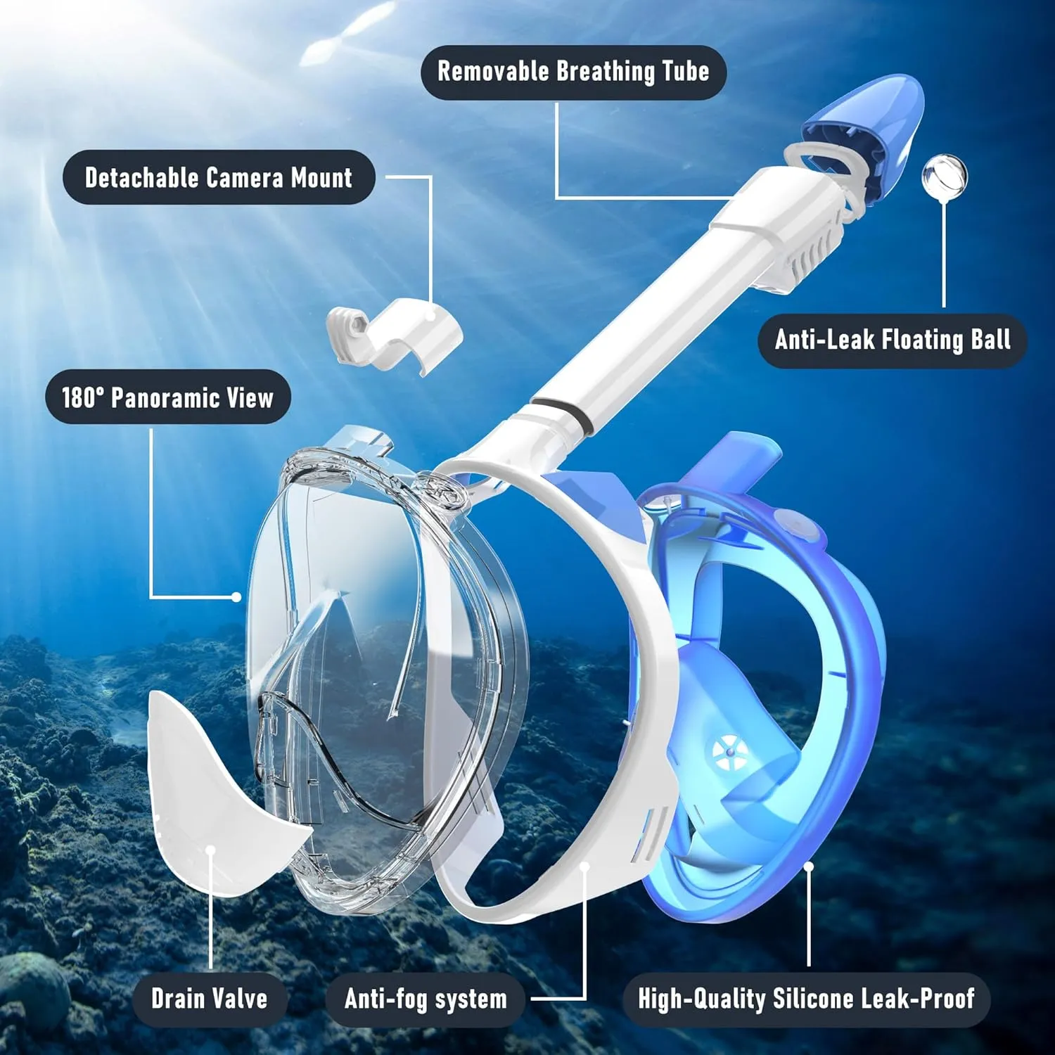 Full Face Snorkel Mask, Snorkeling Gear with Detachable Camera Mount,Panoramic 180° View, Anti-Fog Anti-Leak Snorkling Set for Man and Women