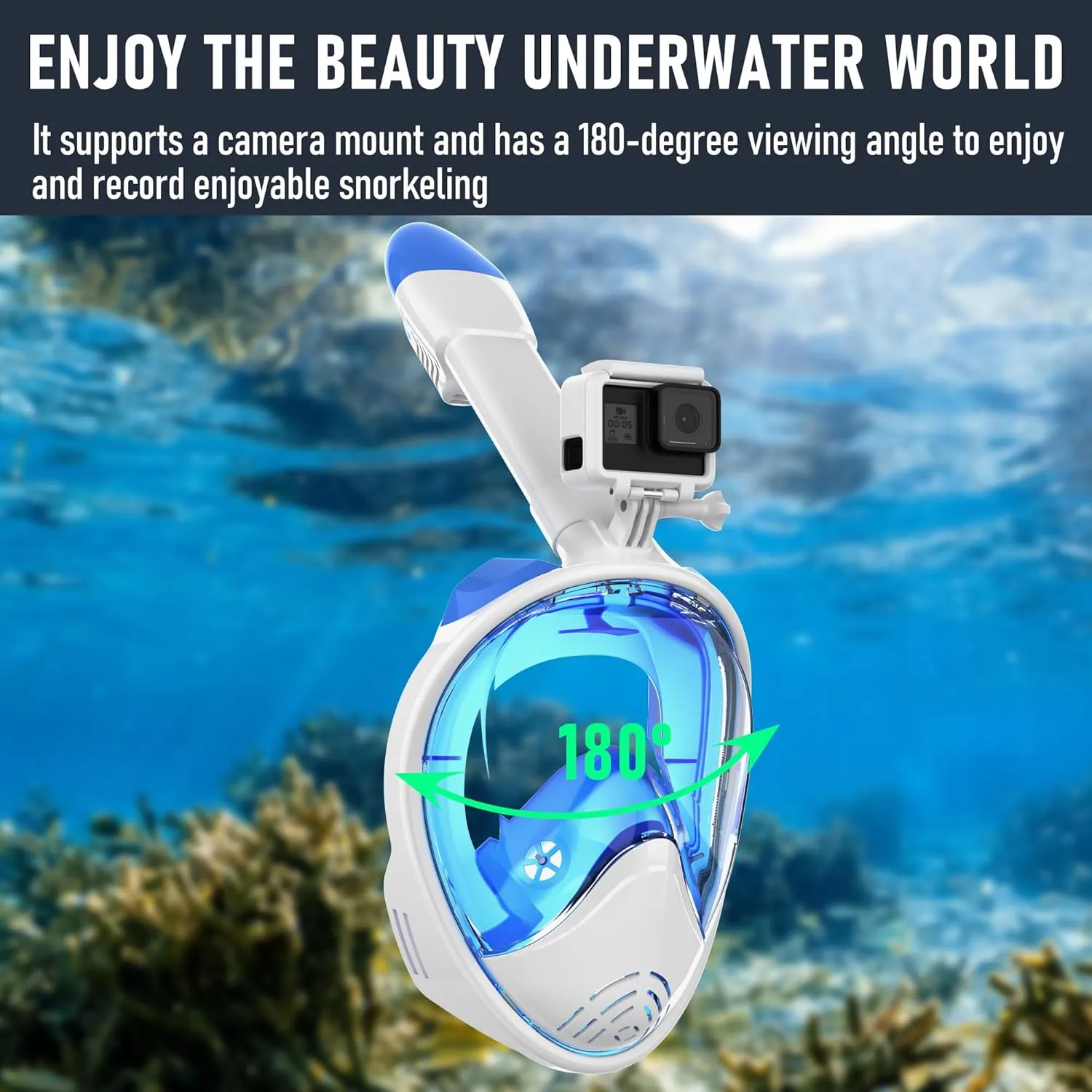 Full Face Snorkel Mask, Snorkeling Gear with Detachable Camera Mount,Panoramic 180° View, Anti-Fog Anti-Leak Snorkling Set for Man and Women