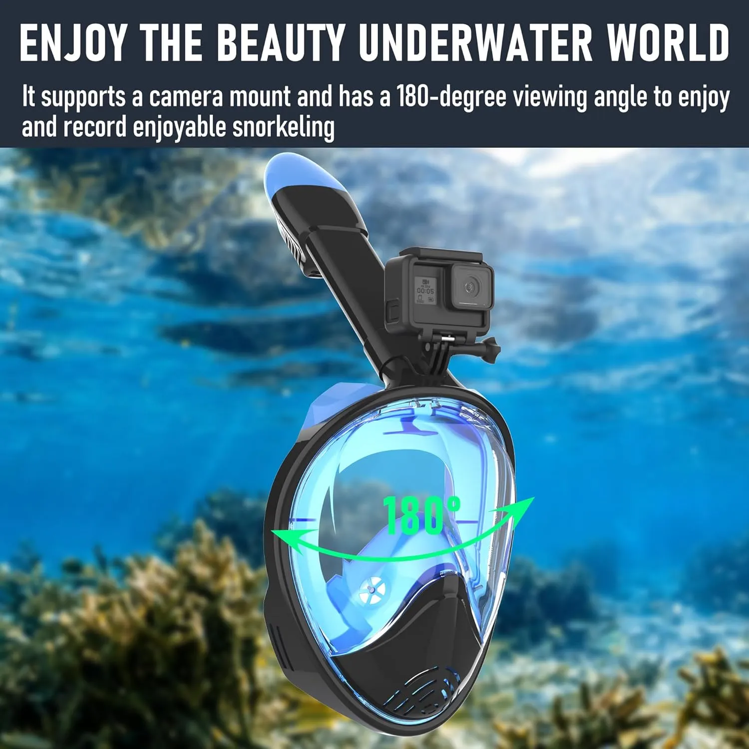 Full Face Snorkel Mask, Snorkeling Gear with Detachable Camera Mount,Panoramic 180° View, Anti-Fog Anti-Leak Snorkling Set for Man and Women