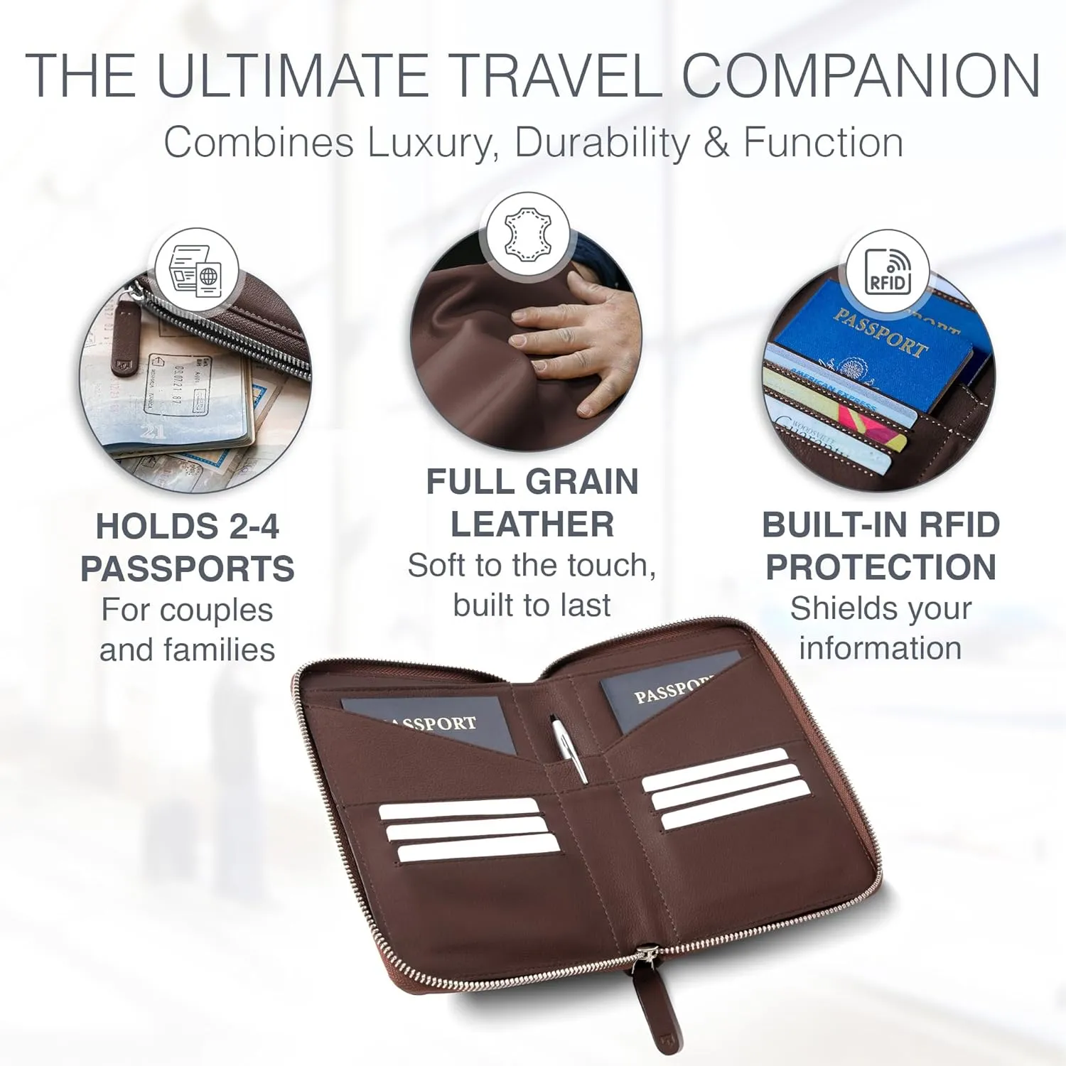 Full Grain Leather Family Passport Holder for 2-4 Passports - RFID Passport Holder and Travel Document Organizer - Large Leather Travel Wallet for Couples and Families - Brown