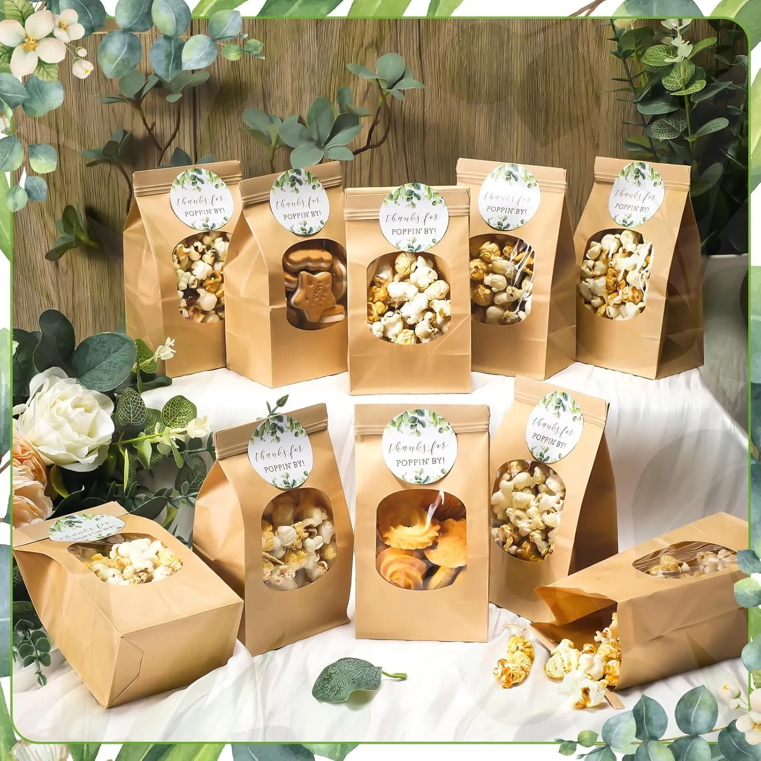 Funnymoom 48 Pcs Thanks for Poppin' by to Celebrate Paper Popcorn Bags for Party with 48 Round Popcorn Stickers Engaged Container Wedding Bags Bridal Shower