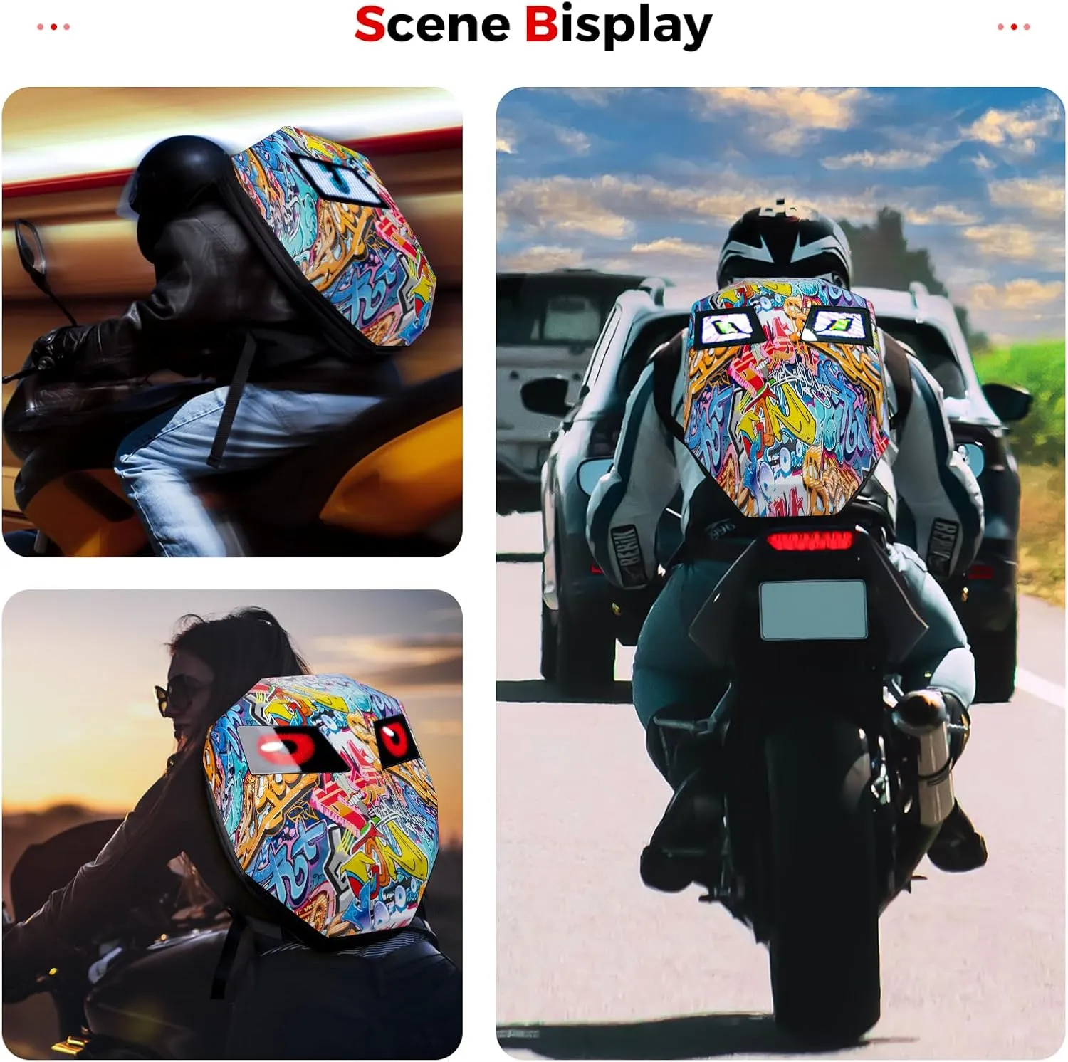 Gelrova Knight Eyes LED Motorcycle Backpack, Riding Backpack Motorbike Laptop Bag - Big Size 19inch - Graffiti