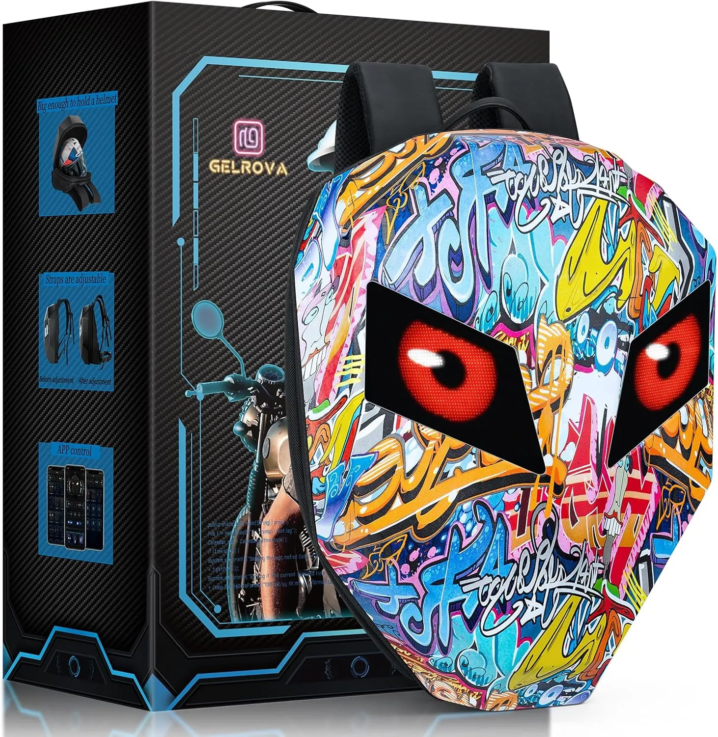 Gelrova Knight Eyes LED Motorcycle Backpack, Riding Backpack Motorbike Laptop Bag - Big Size 19inch - Graffiti