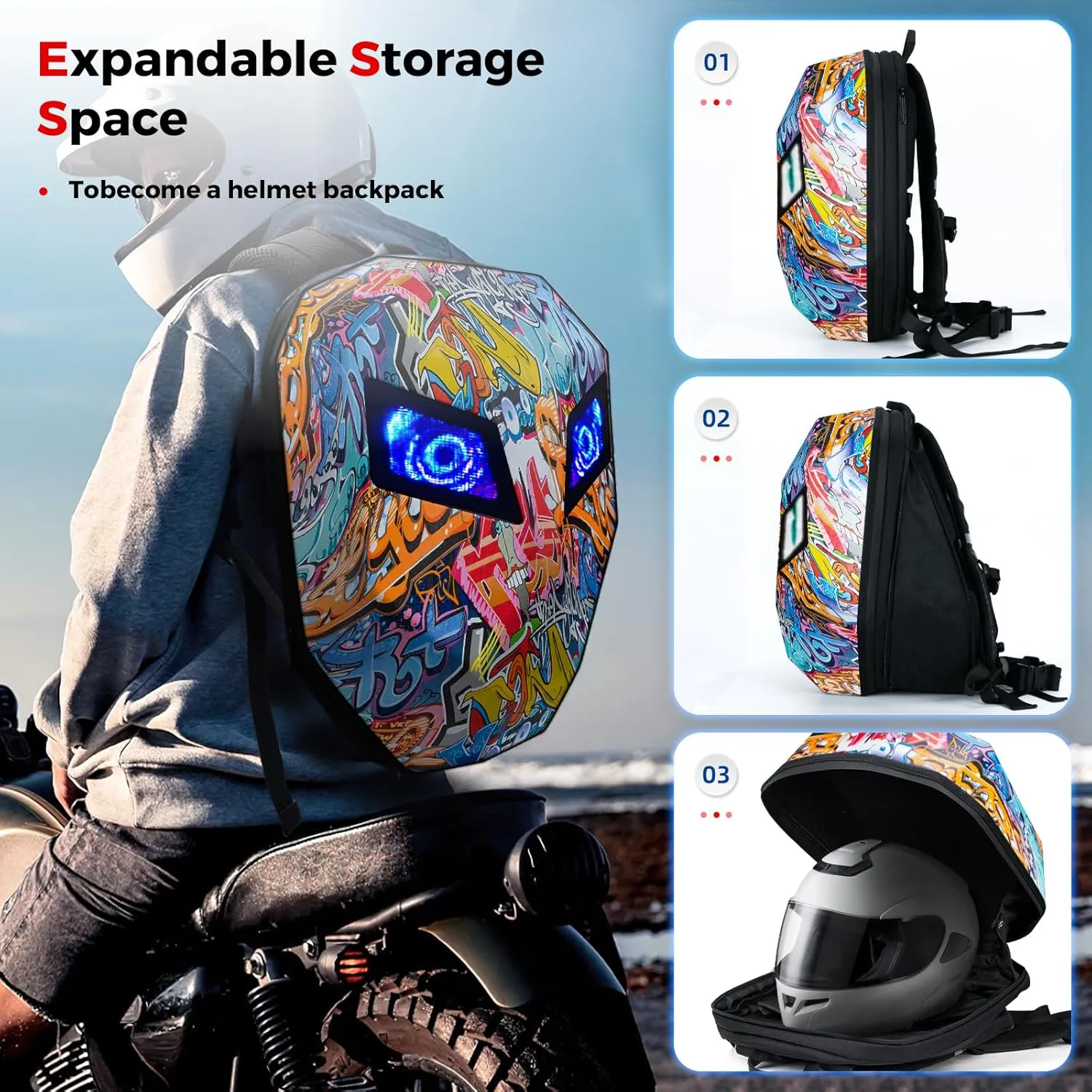 Gelrova Knight Eyes LED Motorcycle Backpack, Riding Backpack Motorbike Laptop Bag - Big Size 19inch - Graffiti