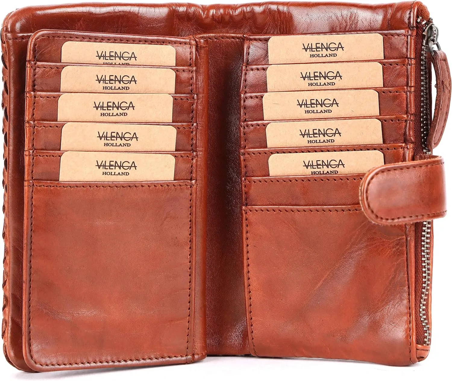 Genuine Leather Wallets for Women, Small Wallet for Ladies Zipper Coin Purse Credit Card Holder with Strap (VL-163-COGNAC)