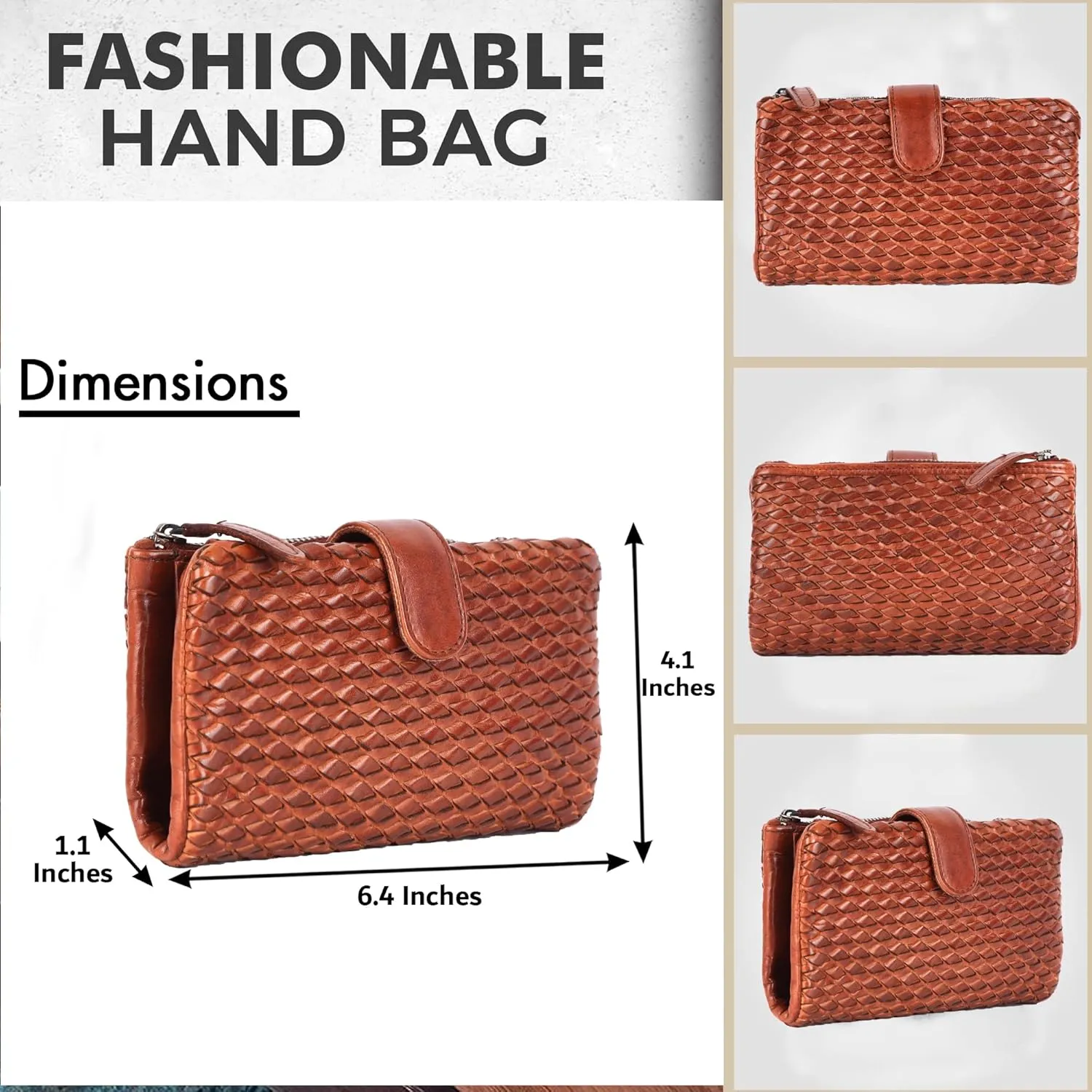 Genuine Leather Wallets for Women, Small Wallet for Ladies Zipper Coin Purse Credit Card Holder with Strap (VL-163-COGNAC)