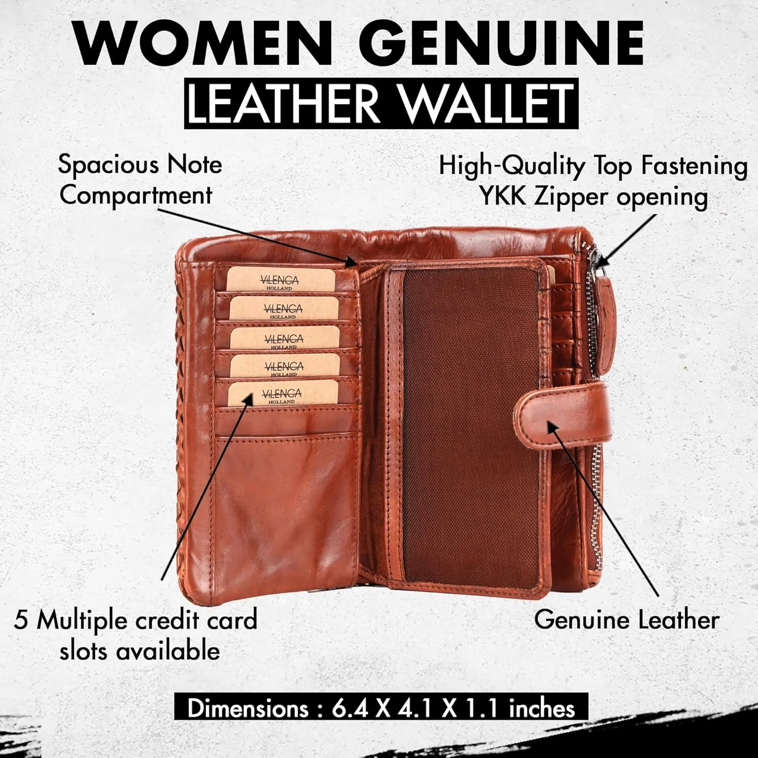 Genuine Leather Wallets for Women, Small Wallet for Ladies Zipper Coin Purse Credit Card Holder with Strap (VL-163-COGNAC)
