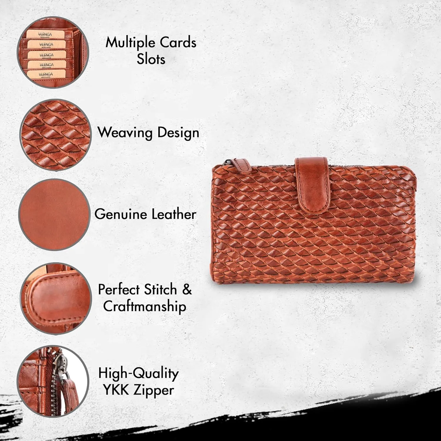 Genuine Leather Wallets for Women, Small Wallet for Ladies Zipper Coin Purse Credit Card Holder with Strap (VL-163-COGNAC)