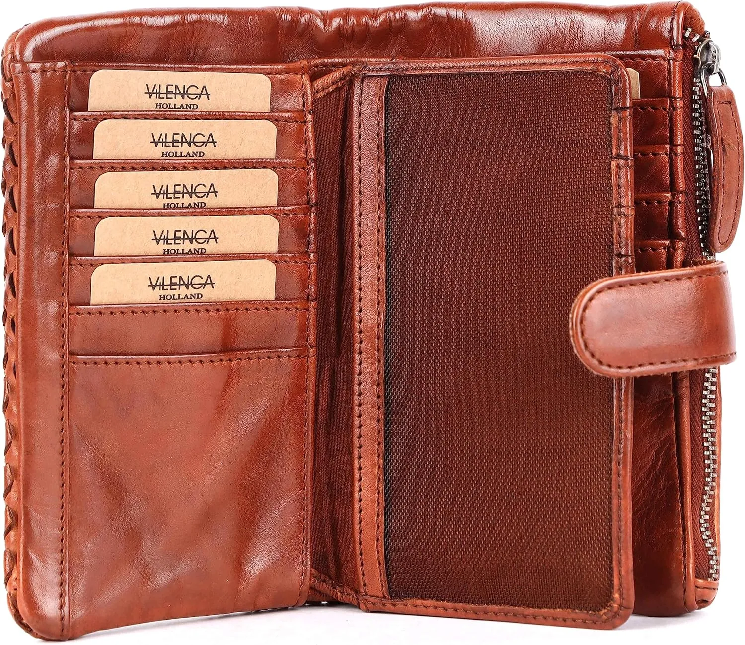 Genuine Leather Wallets for Women, Small Wallet for Ladies Zipper Coin Purse Credit Card Holder with Strap (VL-163-COGNAC)