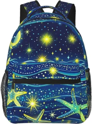 Glow in the Dark Starfish Star Moon Sparkle Adult Backpacks 15 Inch Laptop Backpack Double Shoulder Bag for Work Travel Gifts