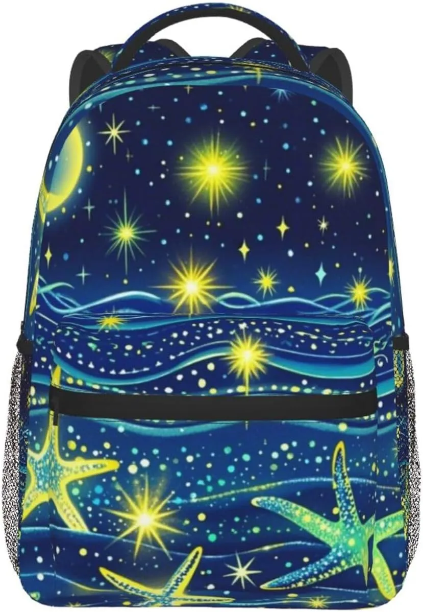 Glow in the Dark Starfish Star Moon Sparkle Adult Backpacks 15 Inch Laptop Backpack Double Shoulder Bag for Work Travel Gifts