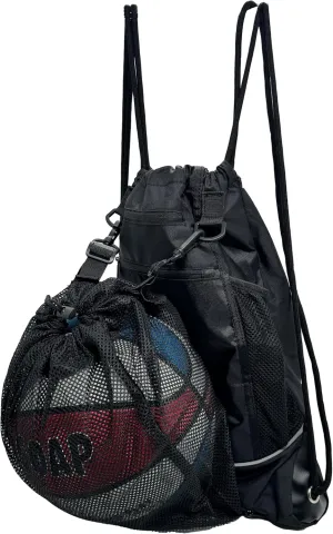 GOAP Drawstring Mesh Cinch Sack Gym Backpack for Basketball, Soccer, Swimming, Gym Bag, Foldable Nylon/Polyester Sports Sackpack, 2 Water Bottle Pockets, 2 Utility Pockets, Black