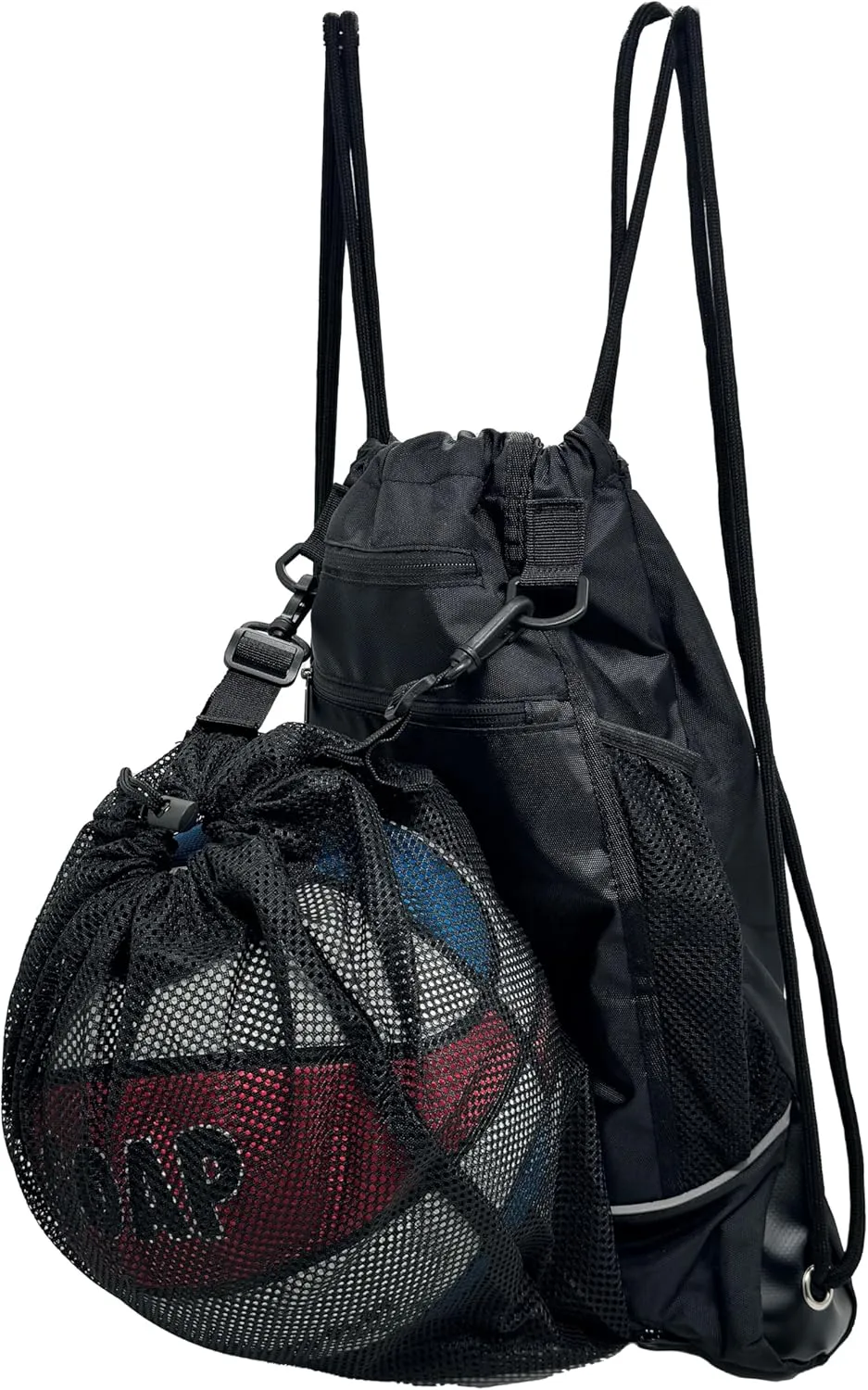 GOAP Drawstring Mesh Cinch Sack Gym Backpack for Basketball, Soccer, Swimming, Gym Bag, Foldable Nylon/Polyester Sports Sackpack, 2 Water Bottle Pockets, 2 Utility Pockets, Black