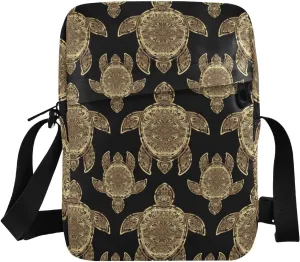 Gold Sea Turtle in Indigenous Tribal Polynesian Maori Tattoo on Dark Messenger Bag, Men's Crossbody Bag, Women's Crossbody Bag, Crossbody Bag with Adjustable Strap for Storage Card Key Men Women