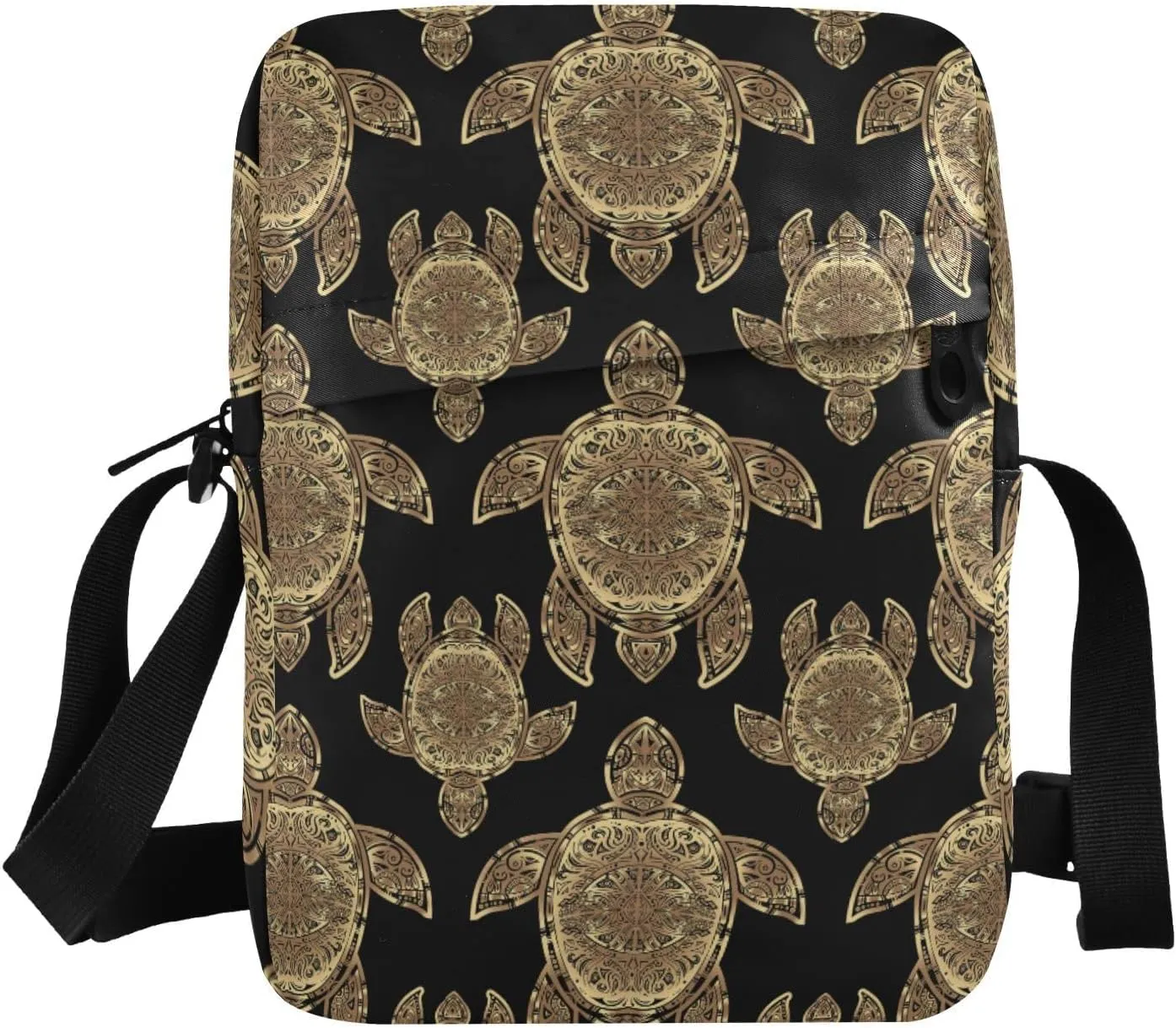 Gold Sea Turtle in Indigenous Tribal Polynesian Maori Tattoo on Dark Messenger Bag, Men's Crossbody Bag, Women's Crossbody Bag, Crossbody Bag with Adjustable Strap for Storage Card Key Men Women
