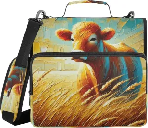 Golden Cow Wheat Field Yellow Zipper Binder 3 Ring Large Capacity Binder Bag Expandable File Folder with Shoulder Strap & Handle for School Office Travel