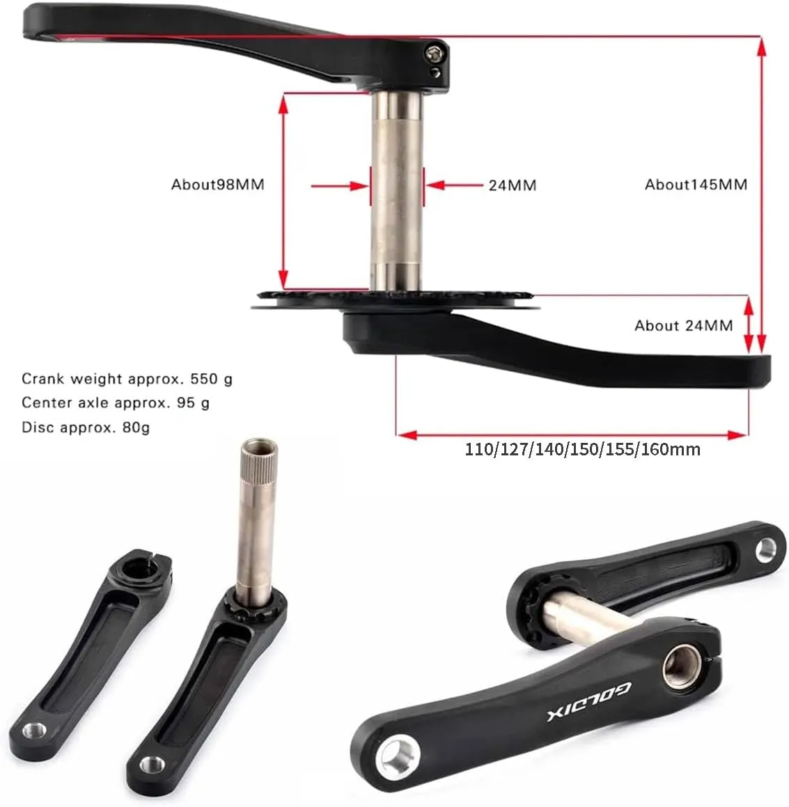 GOLDIX Cranksets 160mm Hollow Integrated Crankarms 28/30/32/34/36T Chainring Aluminum Alloy Crankset for 7-12 Speed Children's Folding Bicycle with Bearing (Color : 30T, Size : 155mm)
