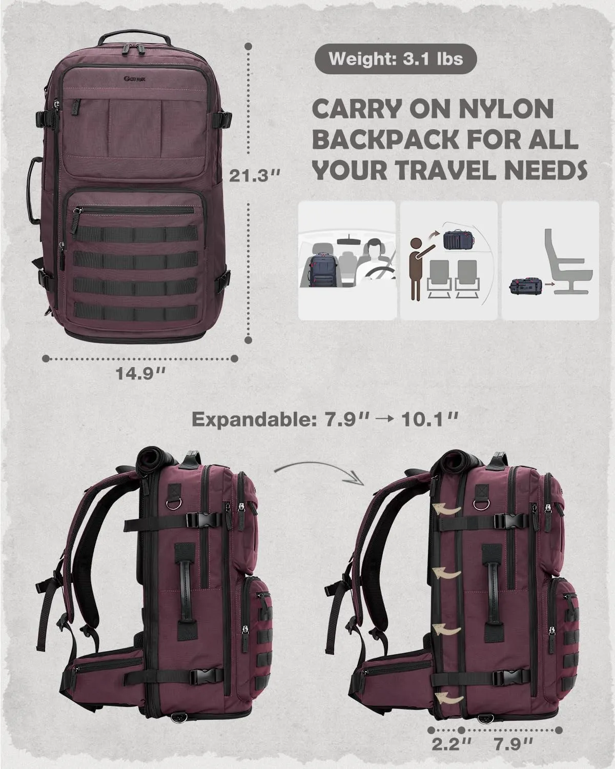 Gonex Travel Backpack, Large Carry-On Nylon Duffle Bag, 3-in-1 Convertible Laptop Bag for Men & Women, Durable for Work & Weekend Travel (Dark Red)