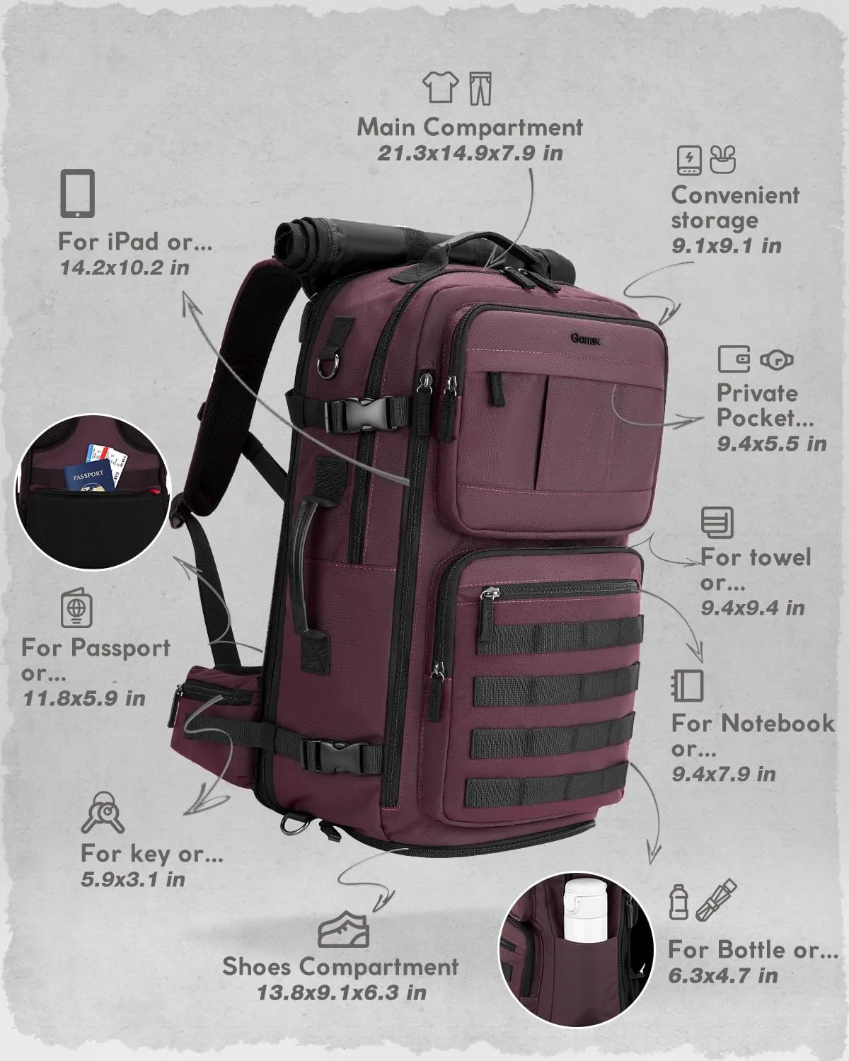 Gonex Travel Backpack, Large Carry-On Nylon Duffle Bag, 3-in-1 Convertible Laptop Bag for Men & Women, Durable for Work & Weekend Travel (Dark Red)
