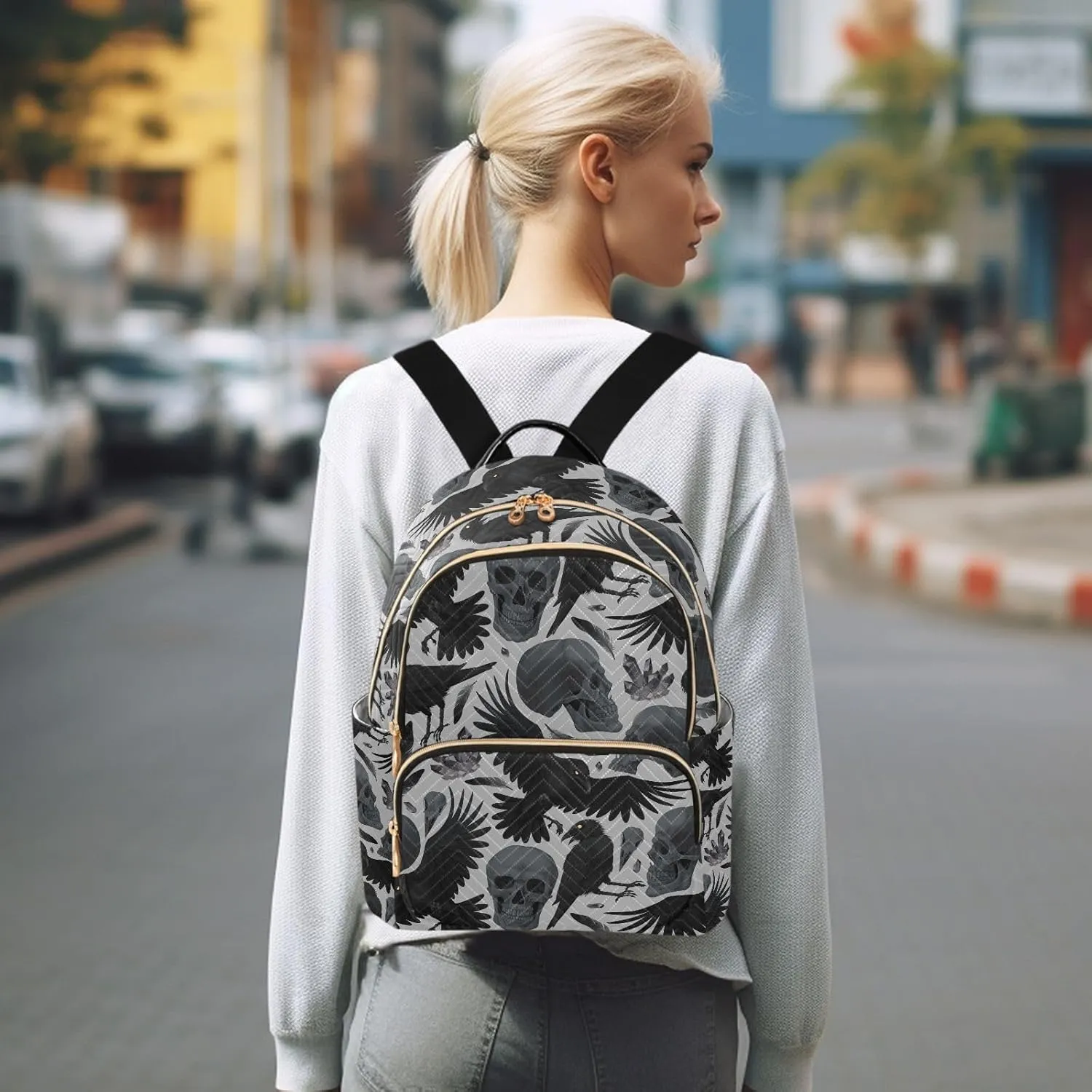 Gothic Crows Skulls Gothic Mini Backpack Fashion Backpack Purse for Women,Handbag Shoulder Bag Casual Daypack, Ladies Gift for College Work (M)
