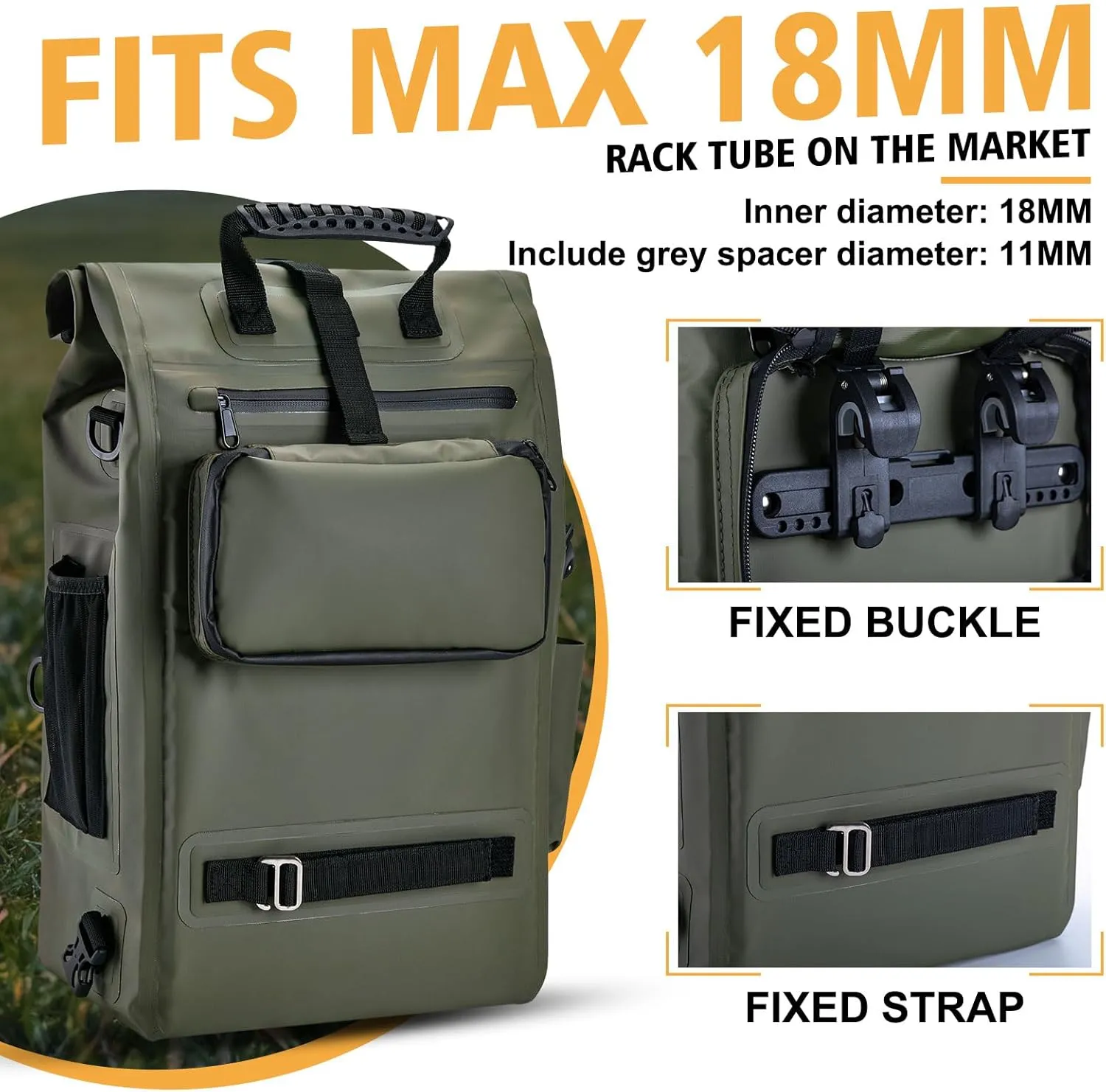 Goture 3 IN 1 Bike Pannier Bag 25L Fishing Tackle Bag with Exhaust Valve, 500D PVC Bicycle Backpack With Stowable Mesh Pocket, Waterproof Panniers for Bicycles, Fishing, Kayaking, Boating Green