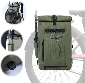 Goture 3 IN 1 Bike Pannier Bag 25L Fishing Tackle Bag with Exhaust Valve, 500D PVC Bicycle Backpack With Stowable Mesh Pocket, Waterproof Panniers for Bicycles, Fishing, Kayaking, Boating Green