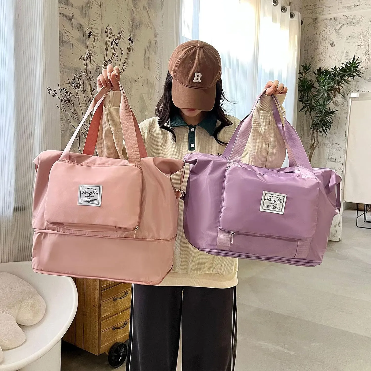 Gpmsign Travel Bag, High-Capacity Double-Layer Wet Separation Travelling Bag, Double Layer Wet Separation Travel Bag (Cherry Blossom Powder)