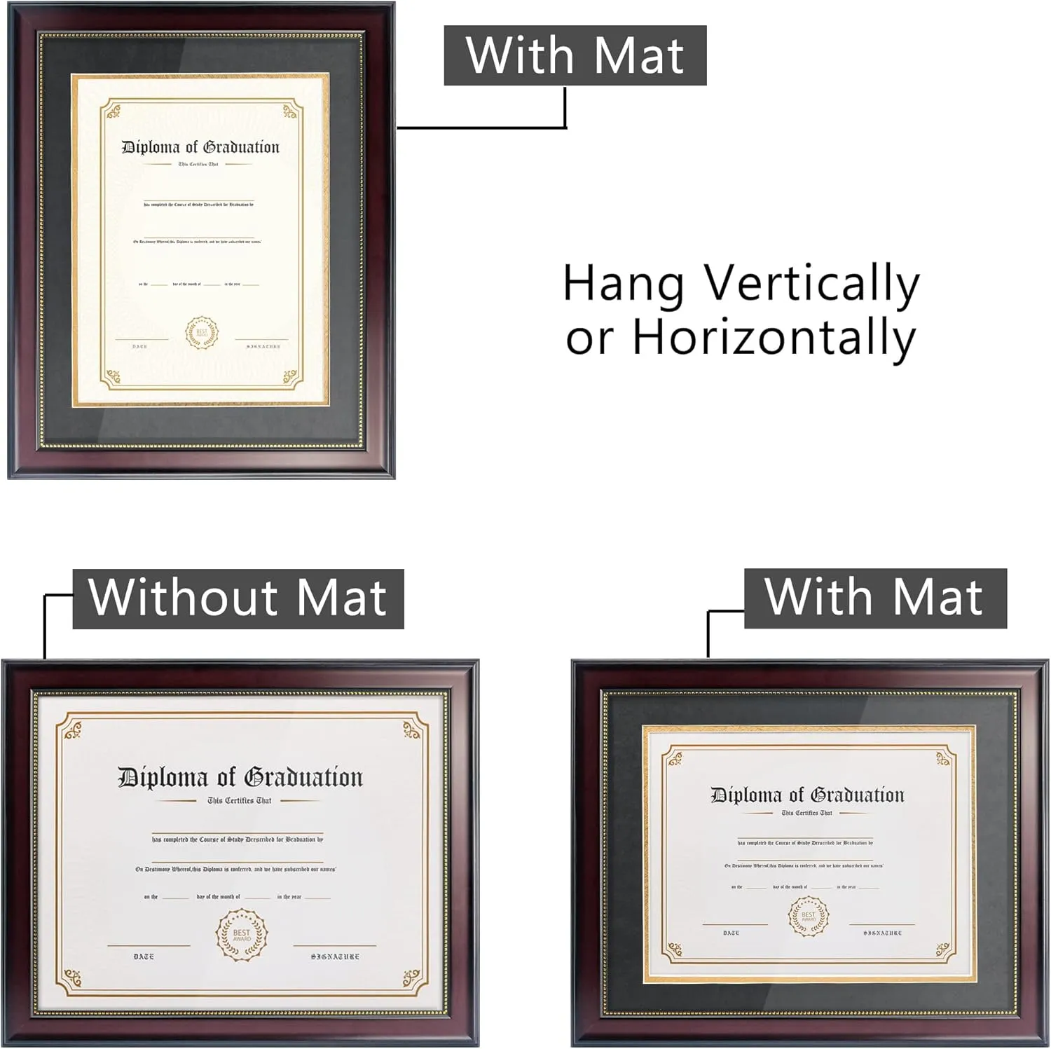 GraduatePro 8.5x11 Diploma Frame with Black Over Gold Mat or Display 11x14 Document Without Mat, CPA License Frame, UV Protection Acrylic, Mahogany with Gold Beads, Pack of 3