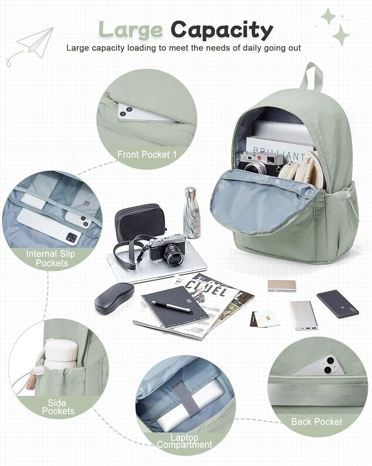 Green Cute School Backpack with Laptop Compartment Small Travel Laptop Backpack for Women Men Waterproof College Backpack Simple School Bag for Teens Girls Boys