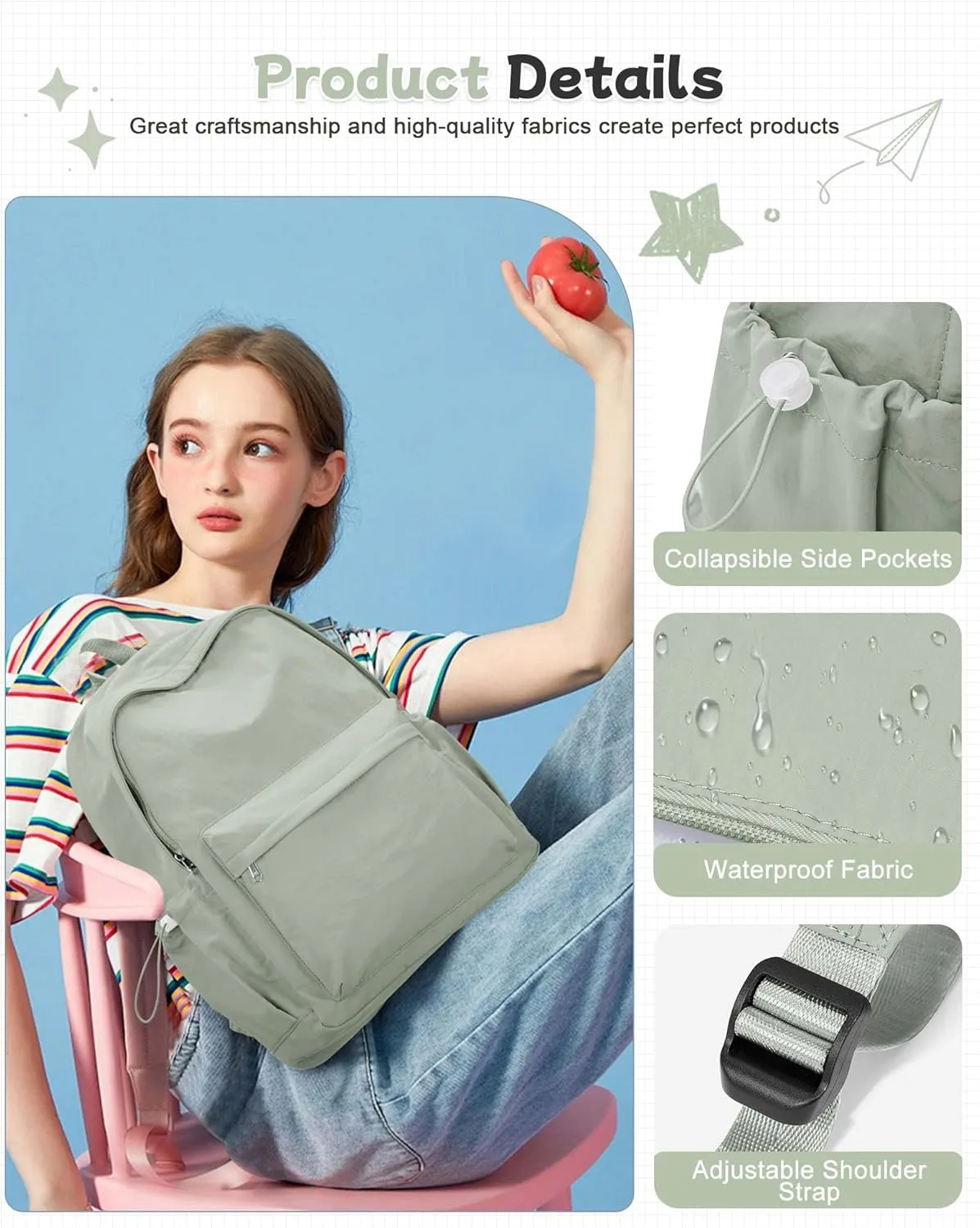 Green Cute School Backpack with Laptop Compartment Small Travel Laptop Backpack for Women Men Waterproof College Backpack Simple School Bag for Teens Girls Boys