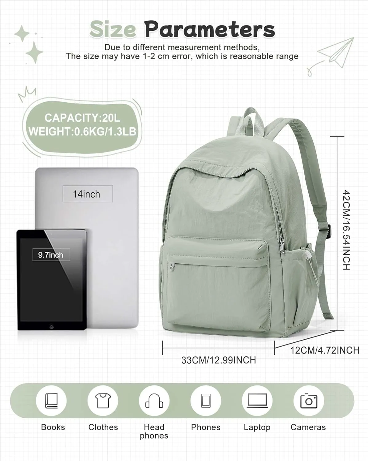 Green Cute School Backpack with Laptop Compartment Small Travel Laptop Backpack for Women Men Waterproof College Backpack Simple School Bag for Teens Girls Boys