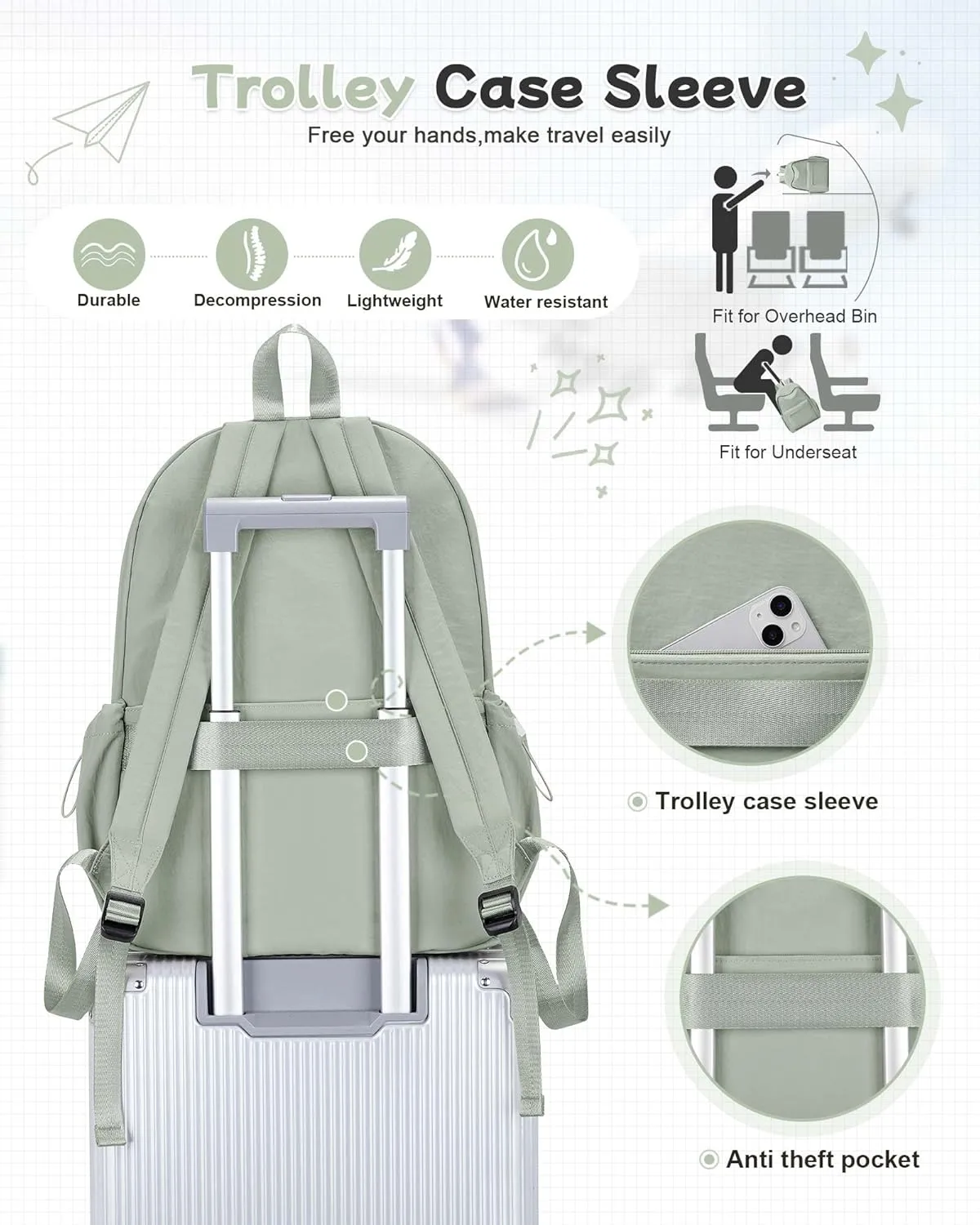 Green Cute School Backpack with Laptop Compartment Small Travel Laptop Backpack for Women Men Waterproof College Backpack Simple School Bag for Teens Girls Boys
