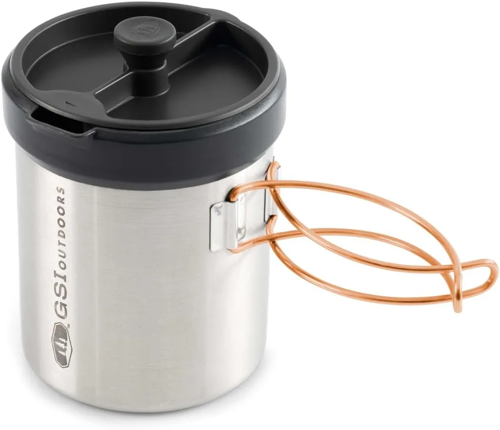 GSI Outdoors Glacier Personal Javapress Stainless Steel Press Mug with Folding Handles and Pour-Through Lid – Brews 22 fl. oz.