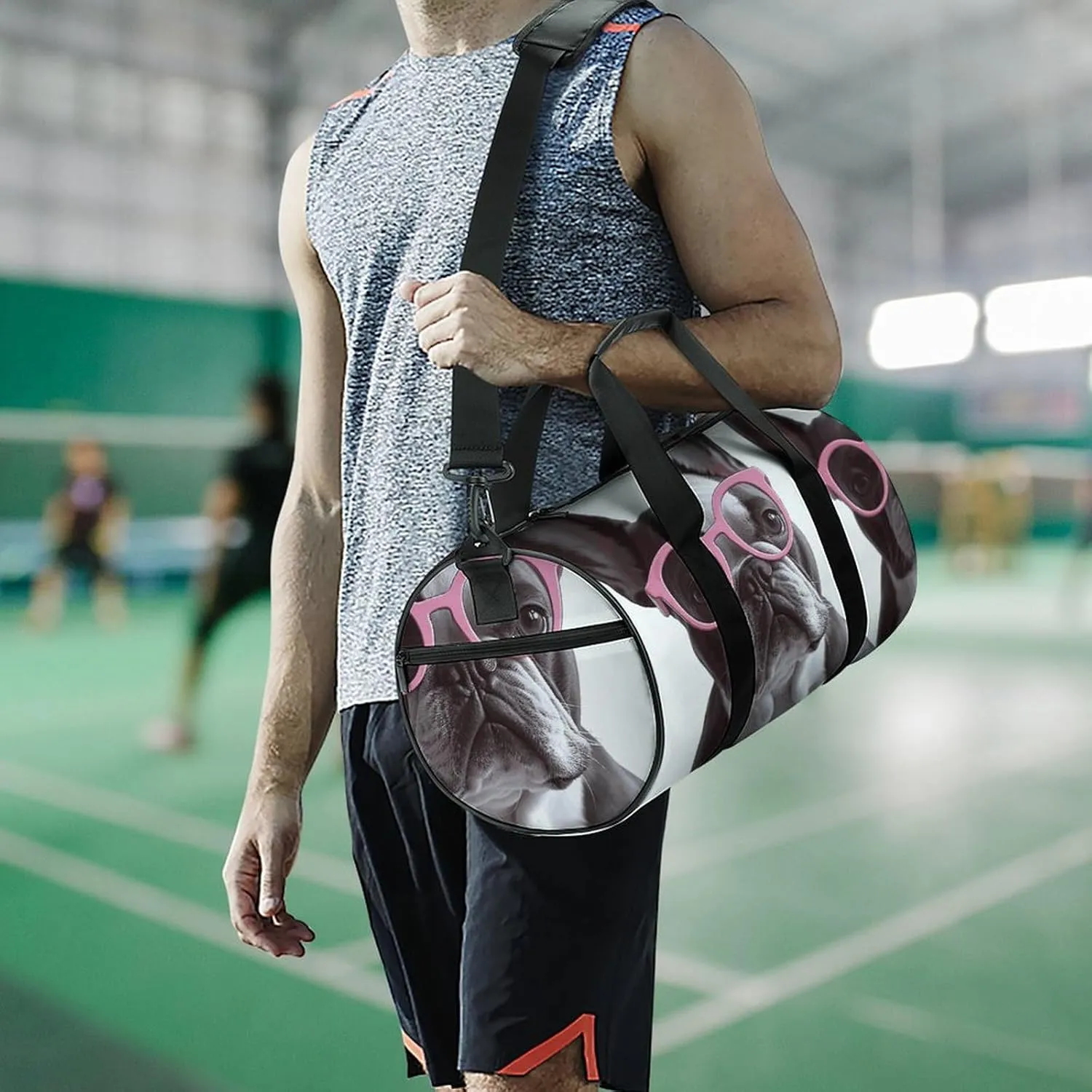Gym Bag for Men Women French Bulldog Pink Glasses Duffel Bag Overnight Bag with Compartment Gym Sackpac