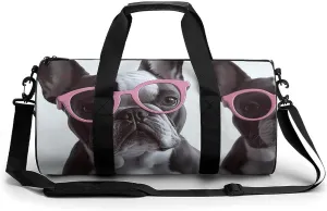 Gym Bag for Men Women French Bulldog Pink Glasses Duffel Bag Overnight Bag with Compartment Gym Sackpac