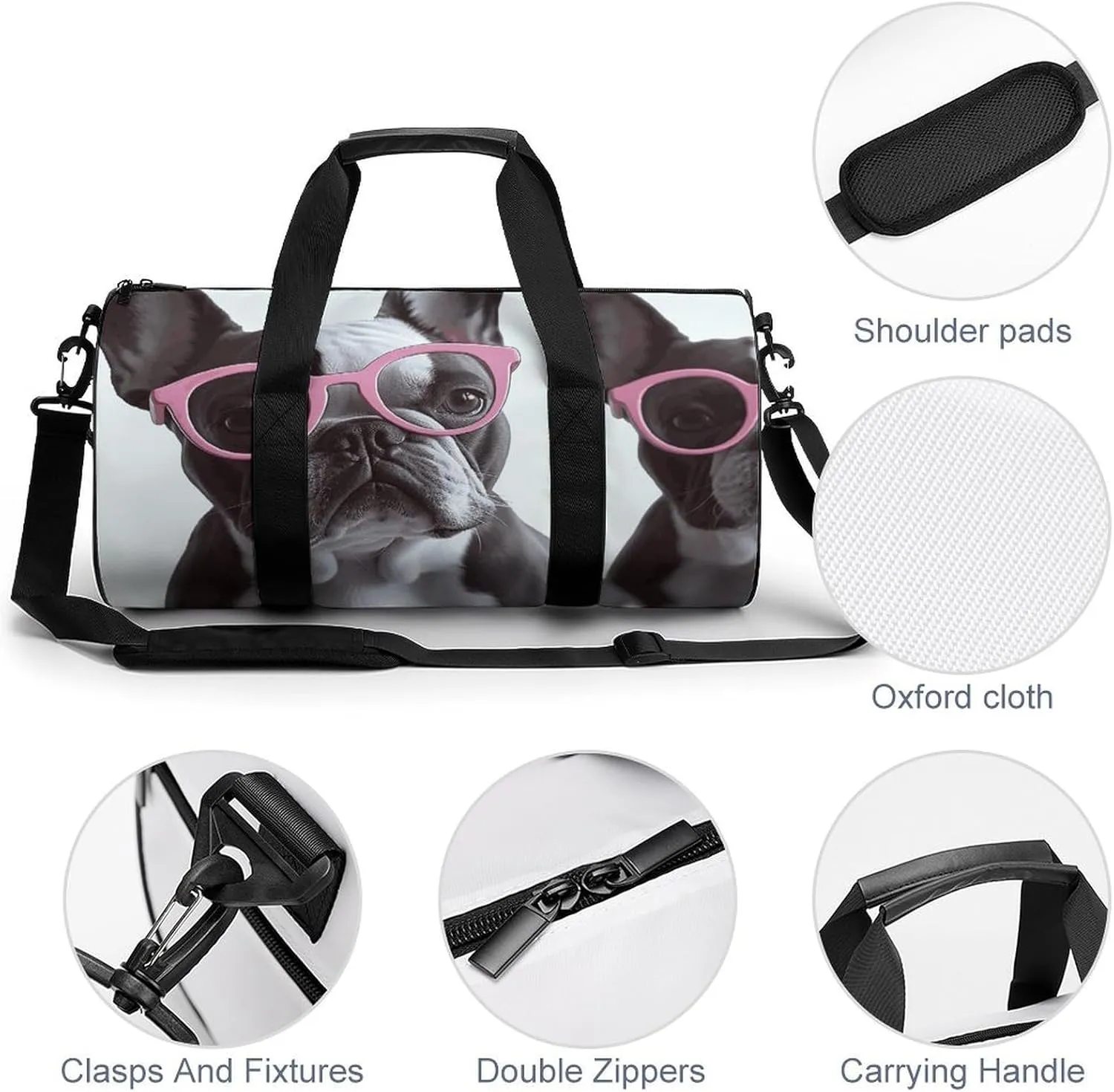 Gym Bag for Men Women French Bulldog Pink Glasses Duffel Bag Overnight Bag with Compartment Gym Sackpac
