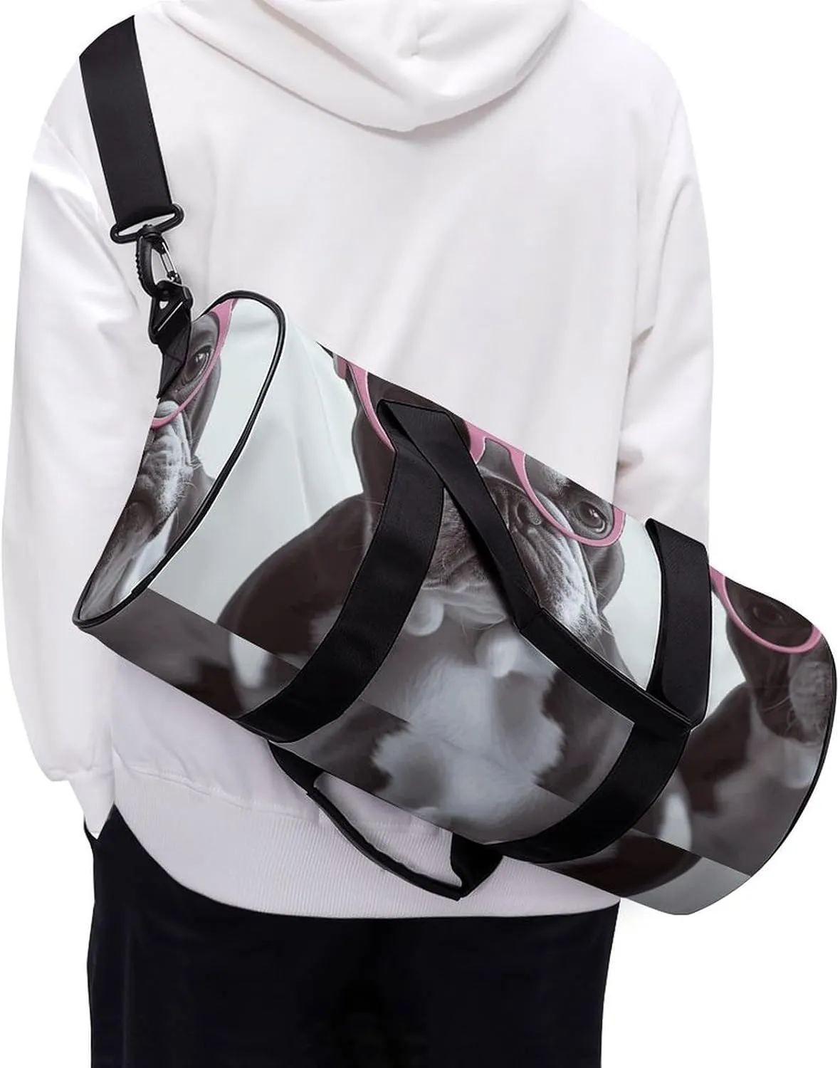 Gym Bag for Men Women French Bulldog Pink Glasses Duffel Bag Overnight Bag with Compartment Gym Sackpac