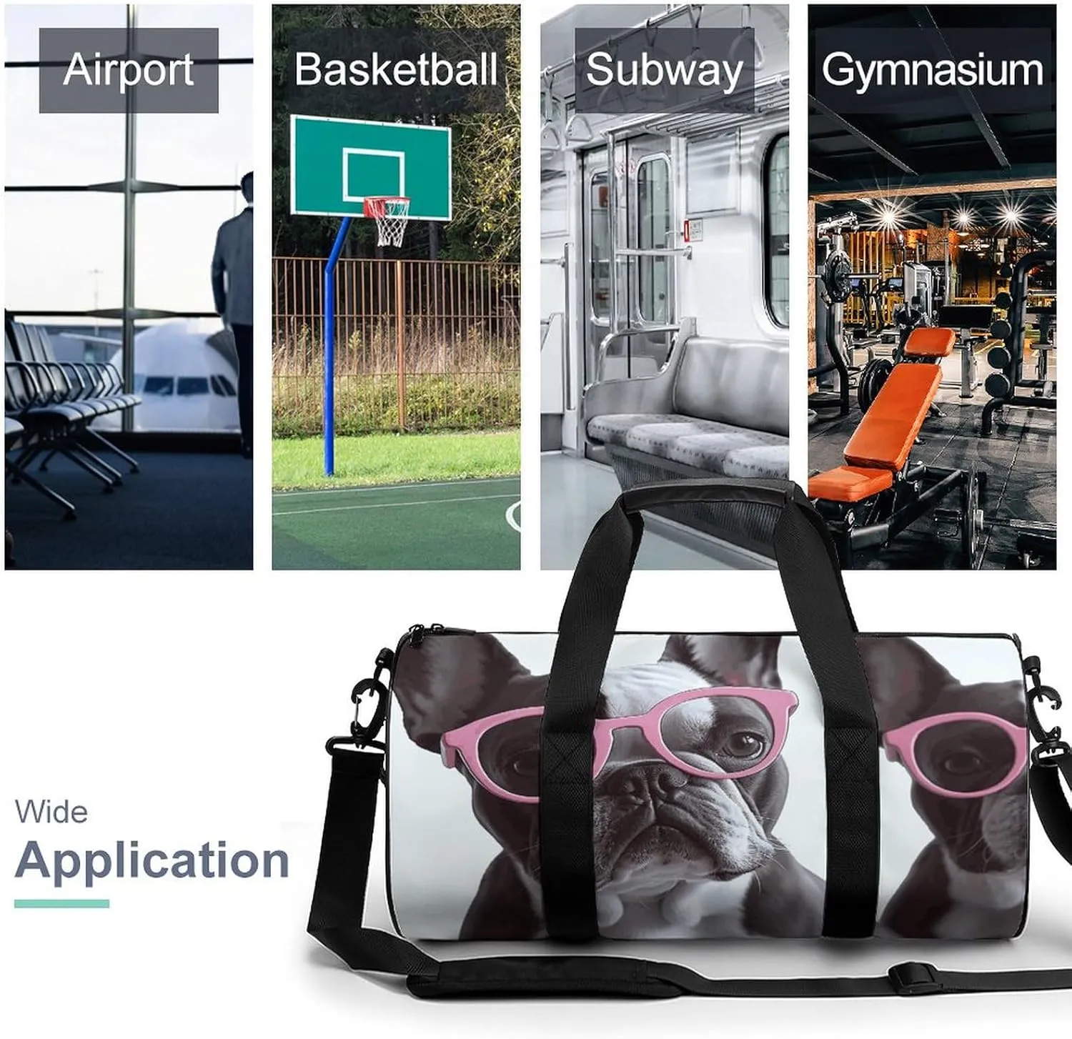 Gym Bag for Men Women French Bulldog Pink Glasses Duffel Bag Overnight Bag with Compartment Gym Sackpac